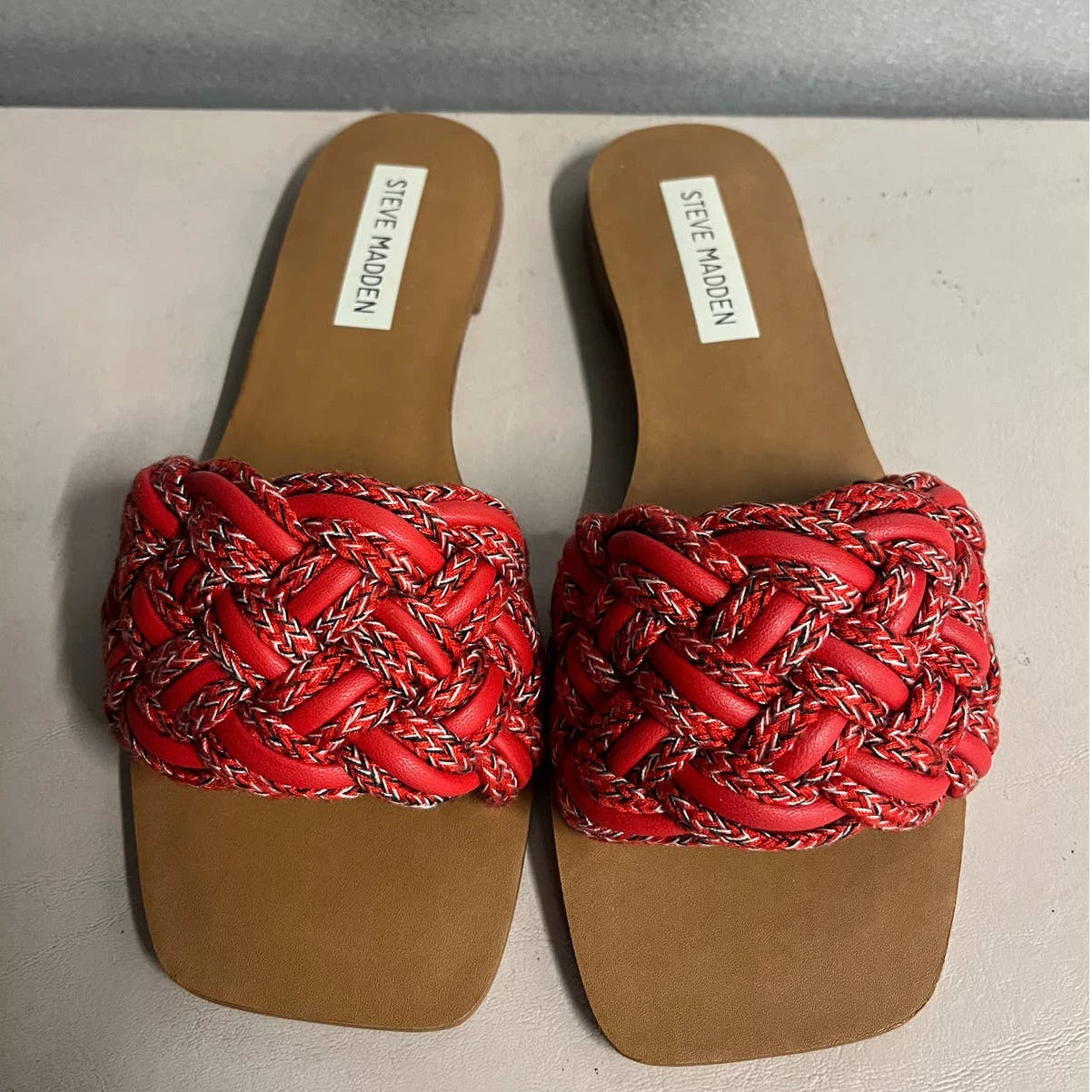 Steve Madden Women's Red Vegan Leather Braided Style Zorya Slide Sandal - Size 6
