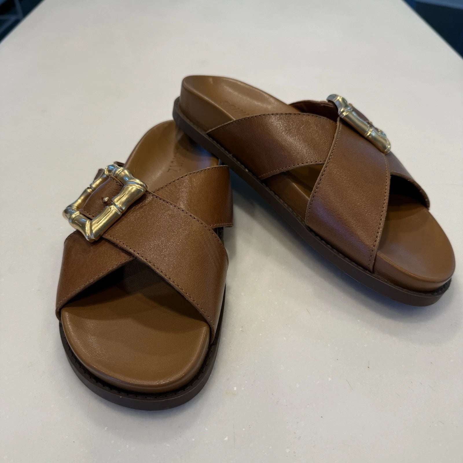 SCHUTZ Enola Crisscross Buckle CAMEL Leather Sandals Slides Women's 7 NEW!