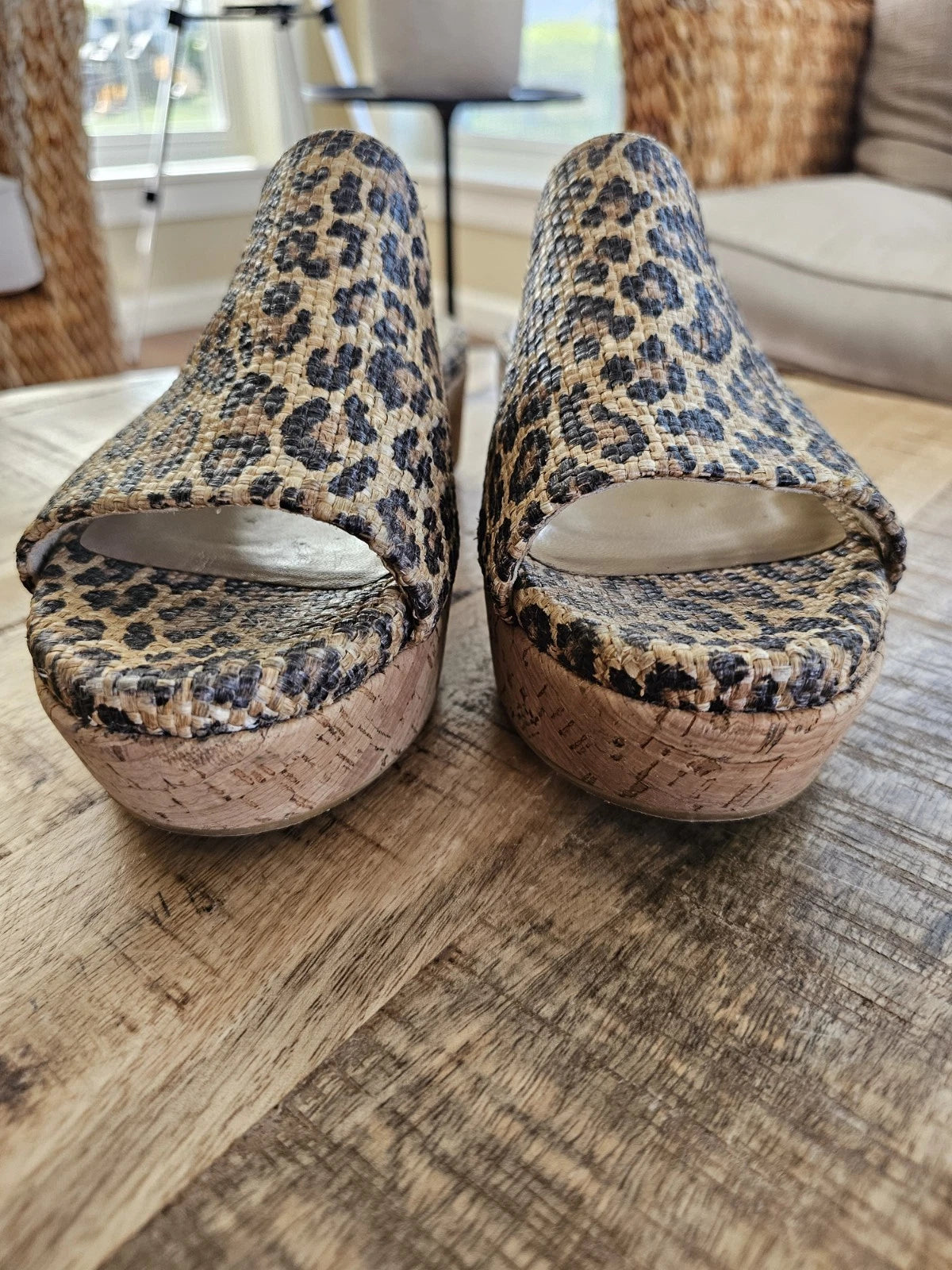 Stuart Weitzman Womens Flatout Leopard Canvas Raffia Flatform Slide Sandals 8.5