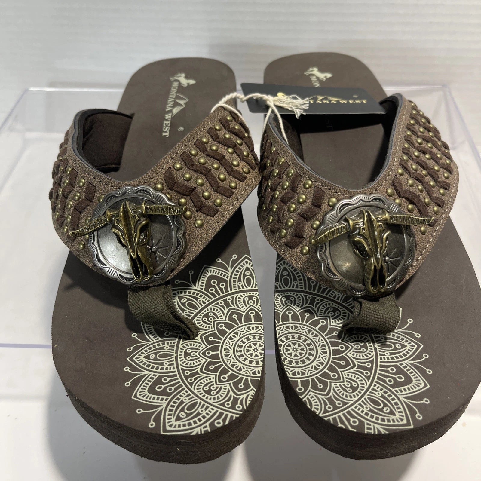 Montana West Silver/Bronze Longhorn&Bronze Stud Western Style Wedge Sandals Sz10