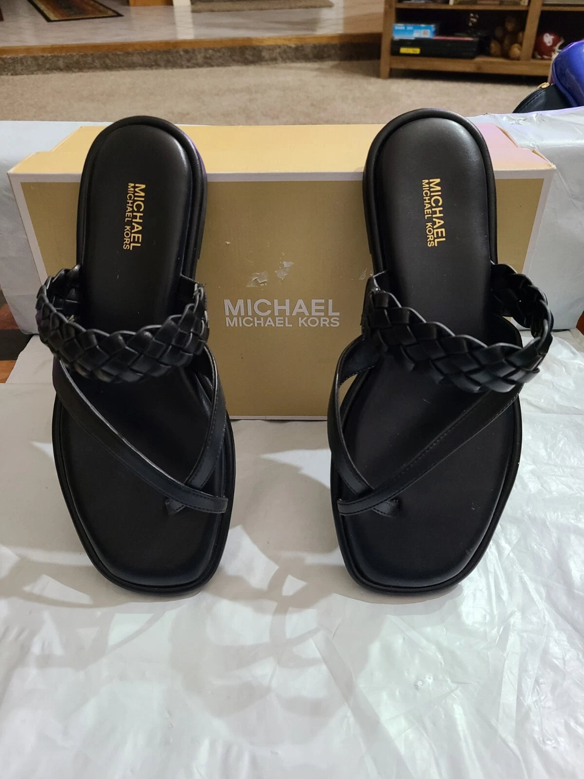 Michael Kors Alba Braided Thong Slide, Faux Leather, Black, Women's 7M, NEW