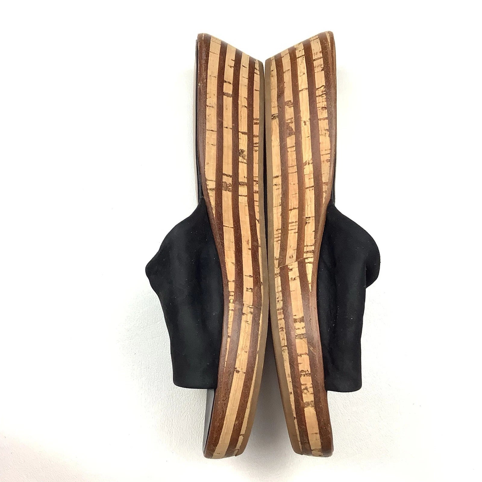 Salvatore Ferragamo Black Leather Slides Sandals Women Size 7 Wood Cork Wedge