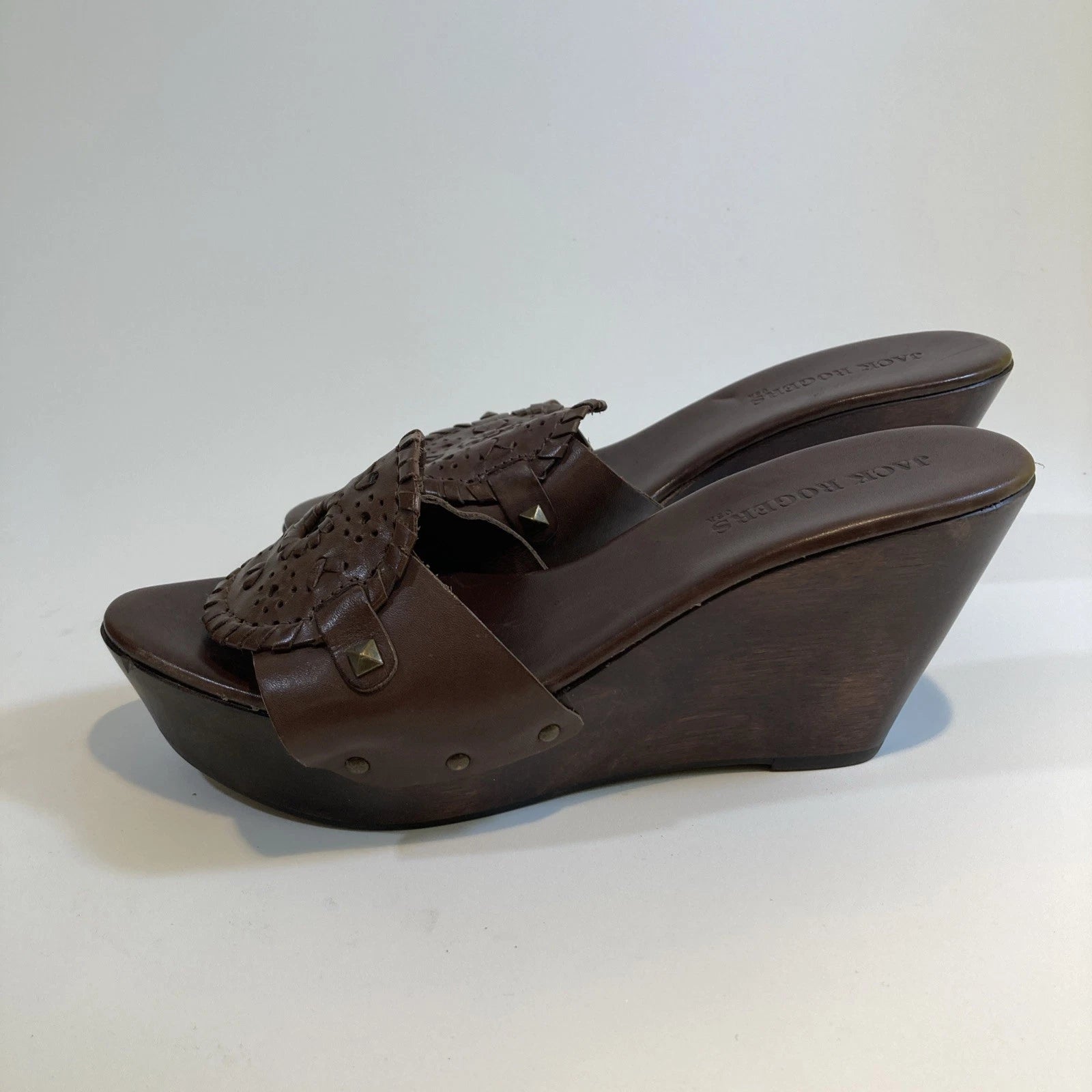 Jack Roger Brown Leather Wood Wedge Sandals Size 10M