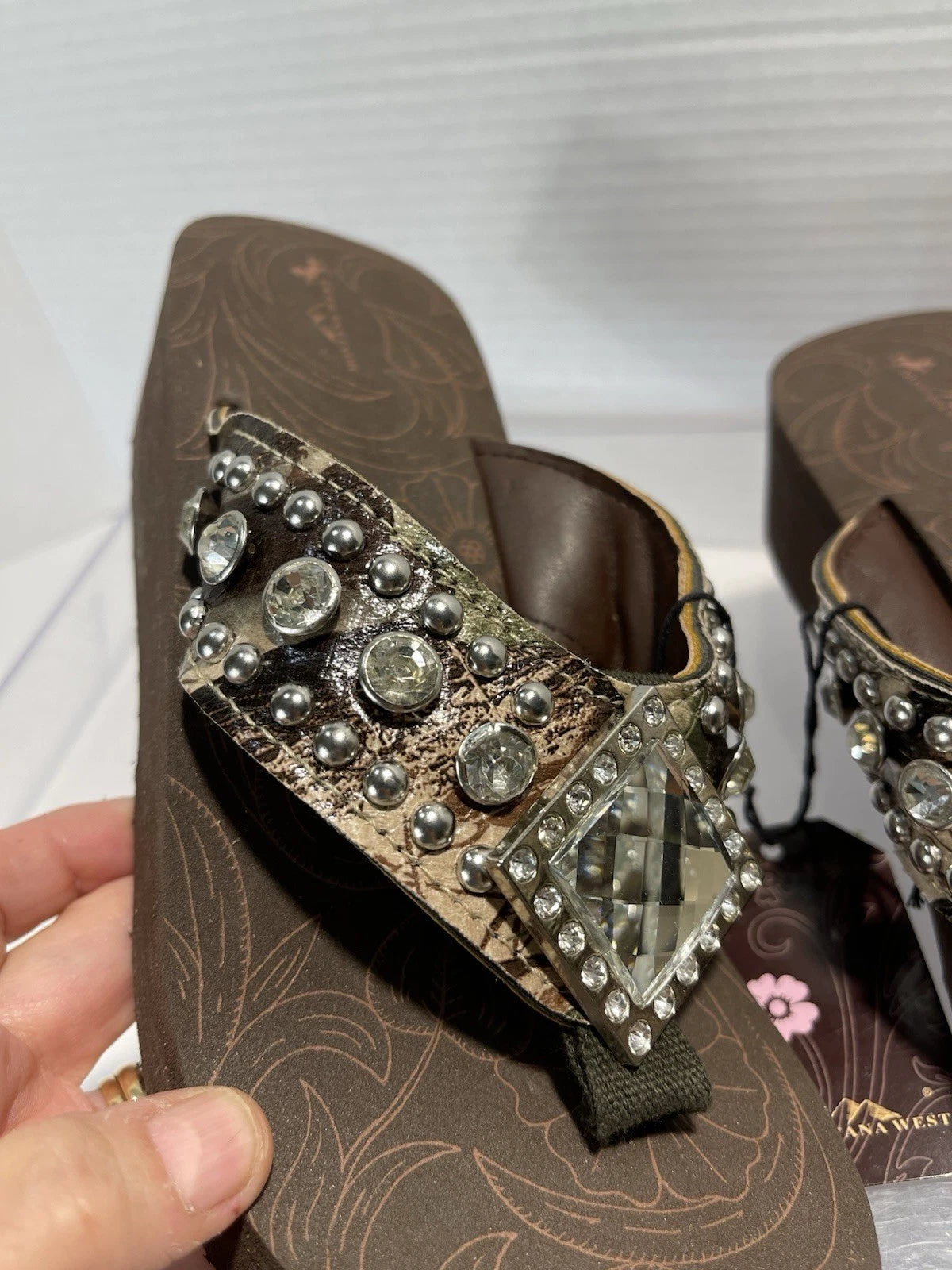 Montana West Rhinestone & Silver Stud Camo Western Style Wedge Sandals Sz6-6.5