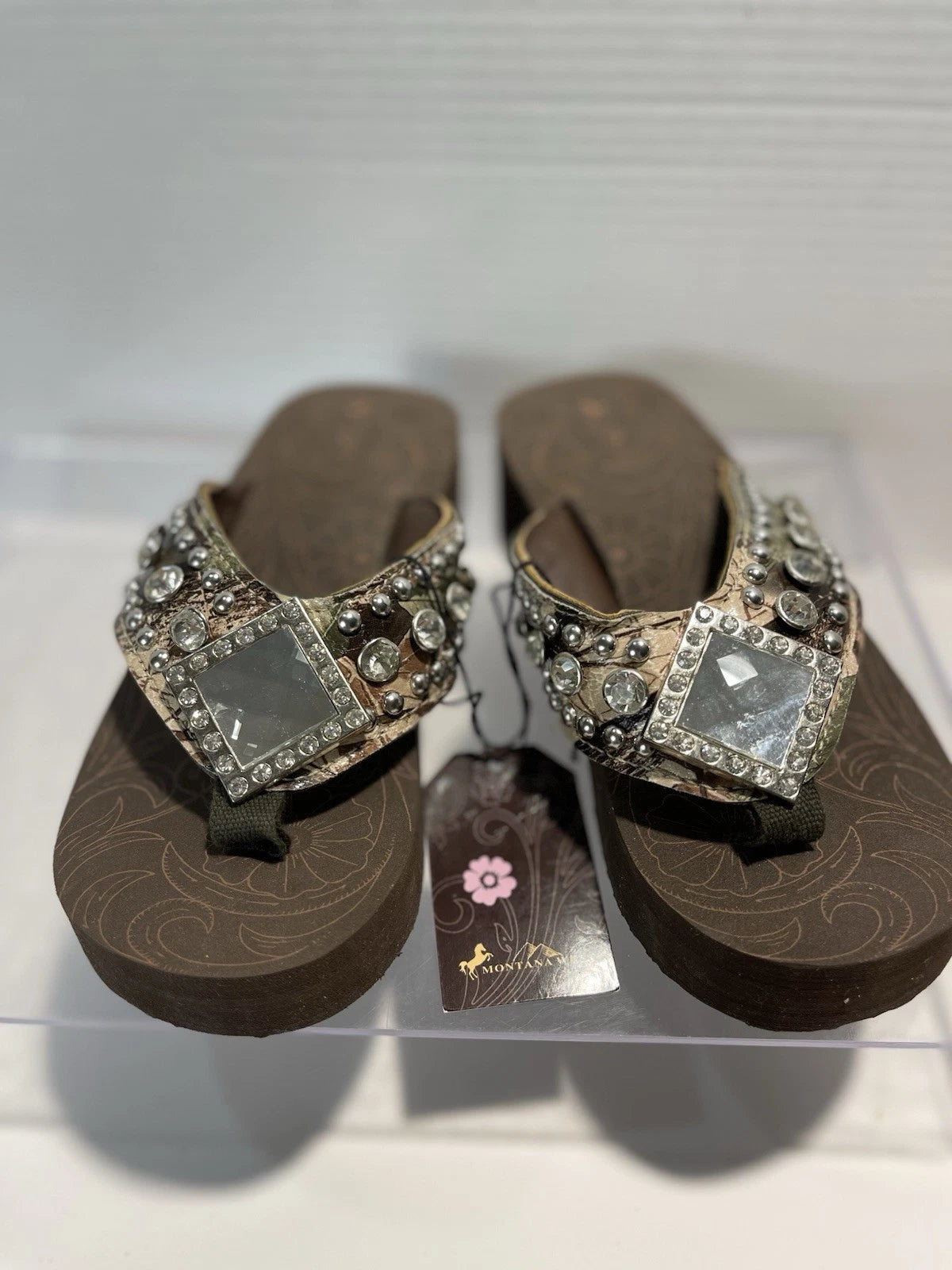 Montana West Rhinestone & Silver Stud Camo Western Style Wedge Sandals Sz6-6.5