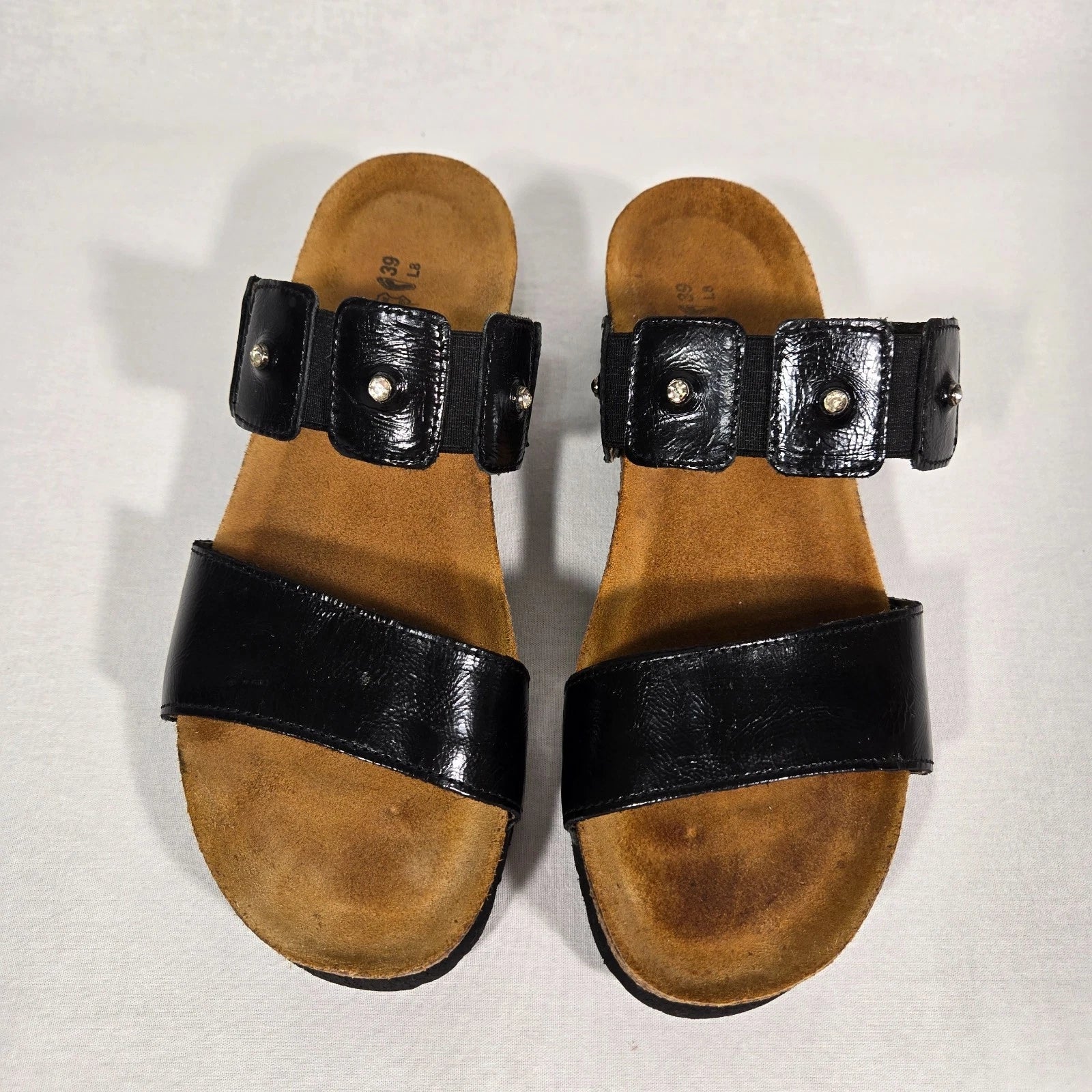 NOAT Ashley Rhinestone Adjustable Gore BLACK Leather Sandals Women's Size 8-8.5.