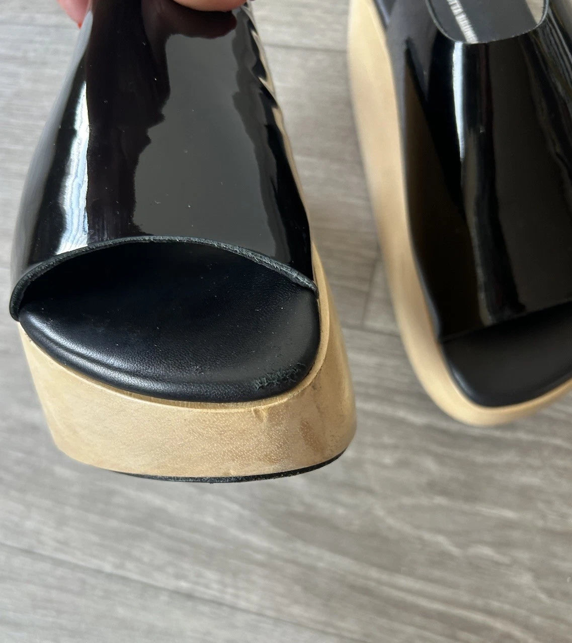 MELITTA BAUMEISTER Wood Platform Patent Leather Slide Sandals Designer Shoes 7