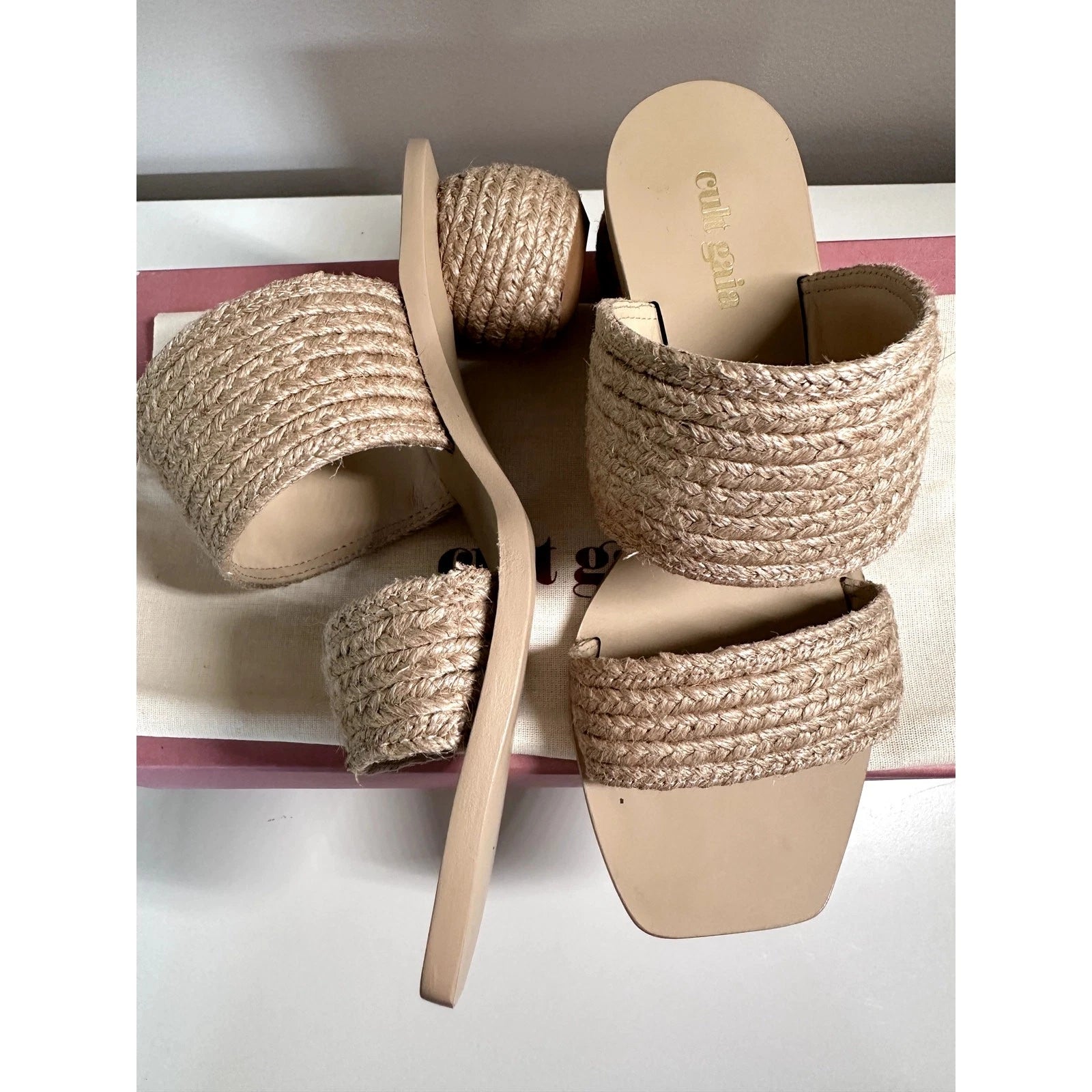 $428 Cult Gaia Jila Sandals Sphere Heel in Natural Open Toe Slide Style Sz 6 NEW