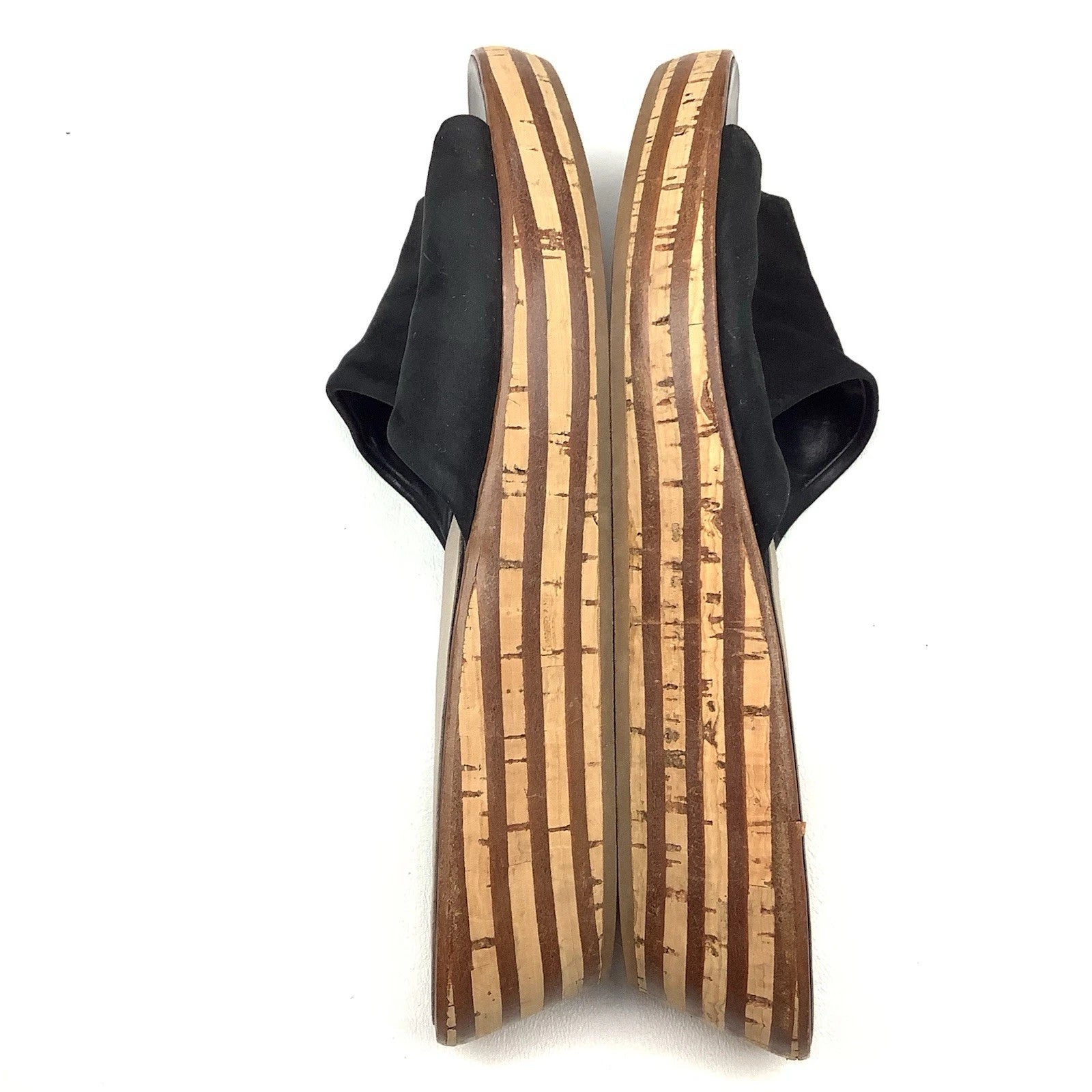 Salvatore Ferragamo Black Leather Slides Sandals Women Size 7 Wood Cork Wedge