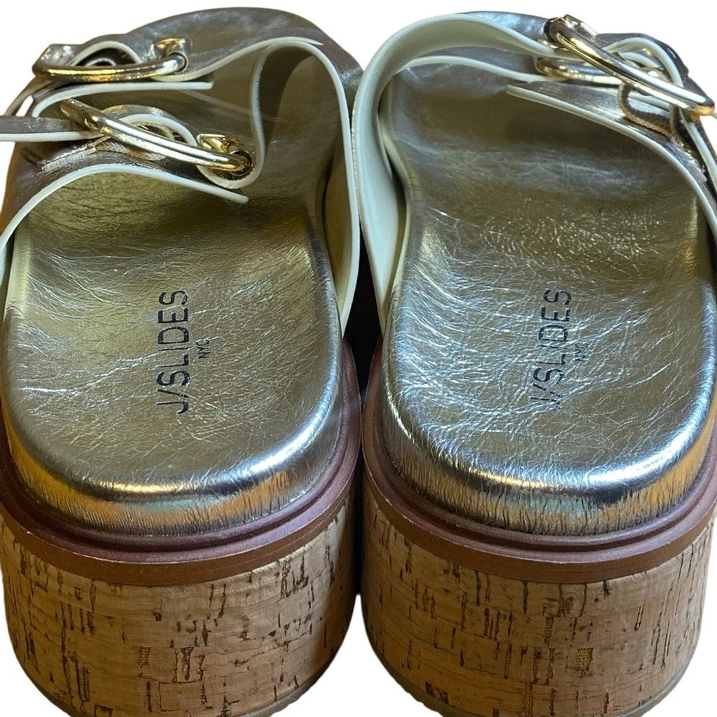 J/Slides Belinda Double Buckle Platform Gold Slide Sandals Women’s Size 10