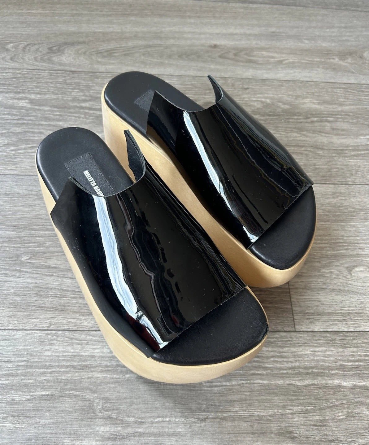 MELITTA BAUMEISTER Wood Platform Patent Leather Slide Sandals Designer Shoes 7