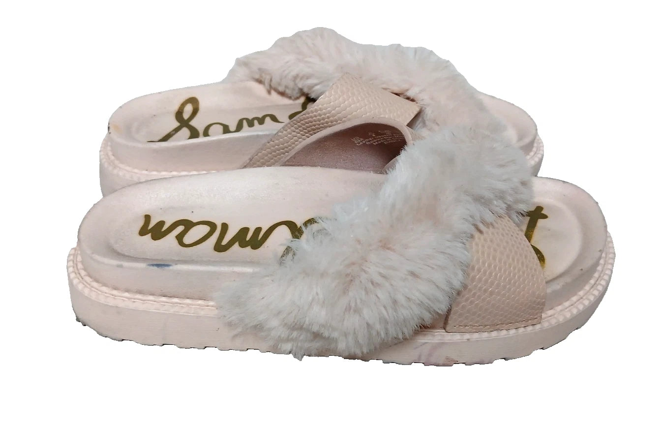 Sam Edelman Fuzzy Slide Sandals Women's Size 6 Pink Leather Faux Fur Open Toe
