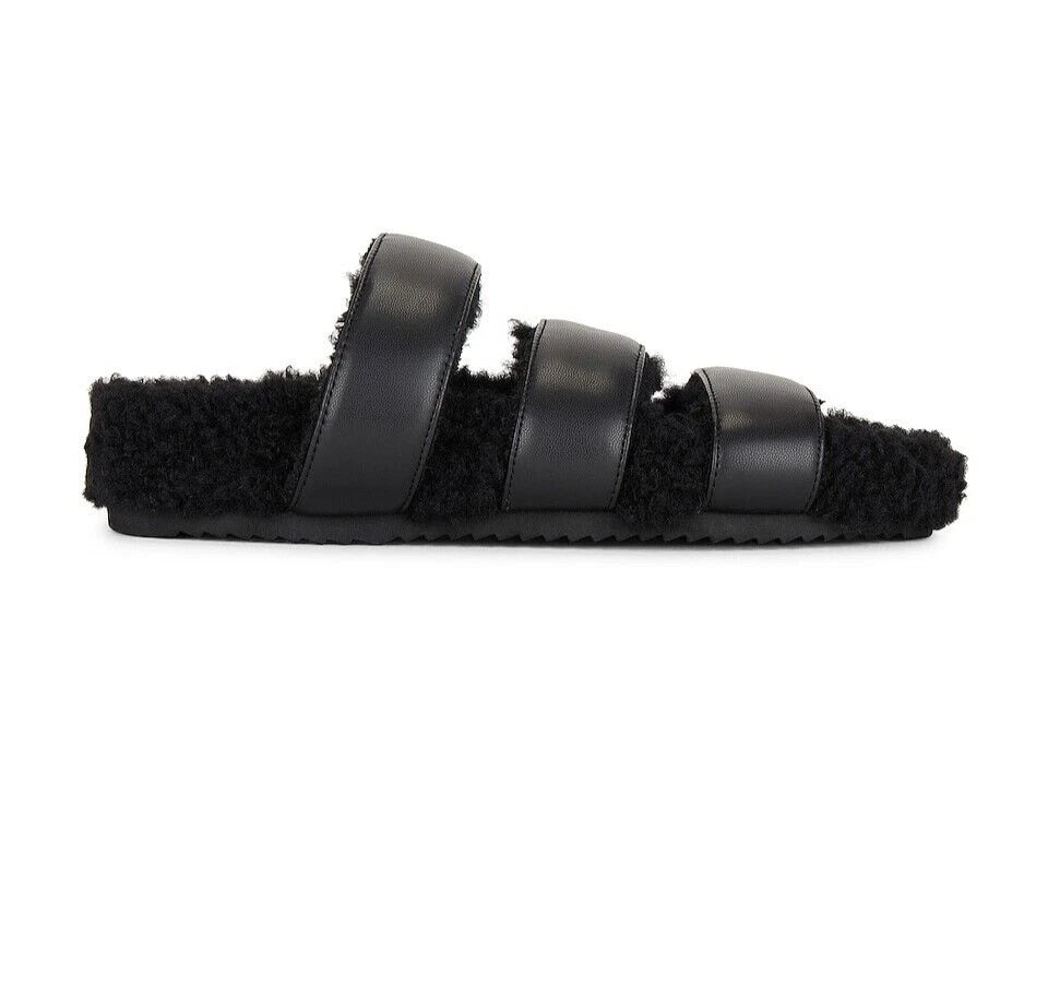 ROAM NIB $139 Black 3 Strap Faux Leather Fuzzy Slide Sandals Sz 6