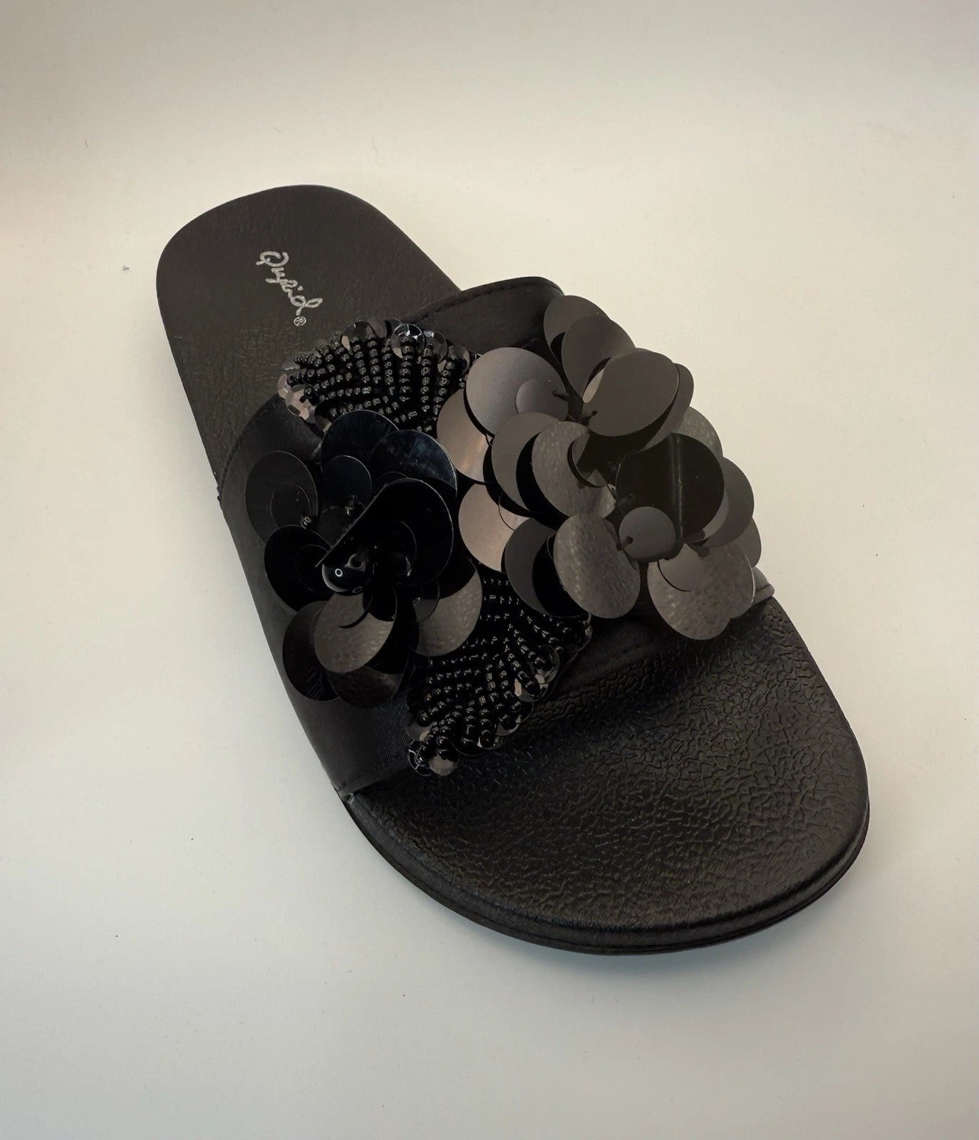 Qupid Women's Fashion Satin Black Flower Slides Sandals Flip Flops Sz 10 New!