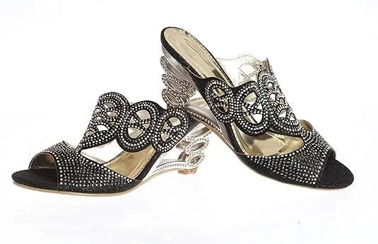 JOHN FASHION Black Rhinestone Perforated Slide Sandal Women's Size 8