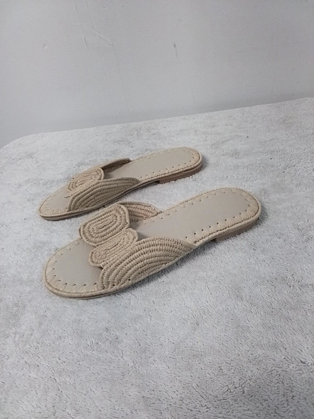 Size 8 Women's Designer Dupe Raffia Beige Open Toe Slip On Slides Sandals