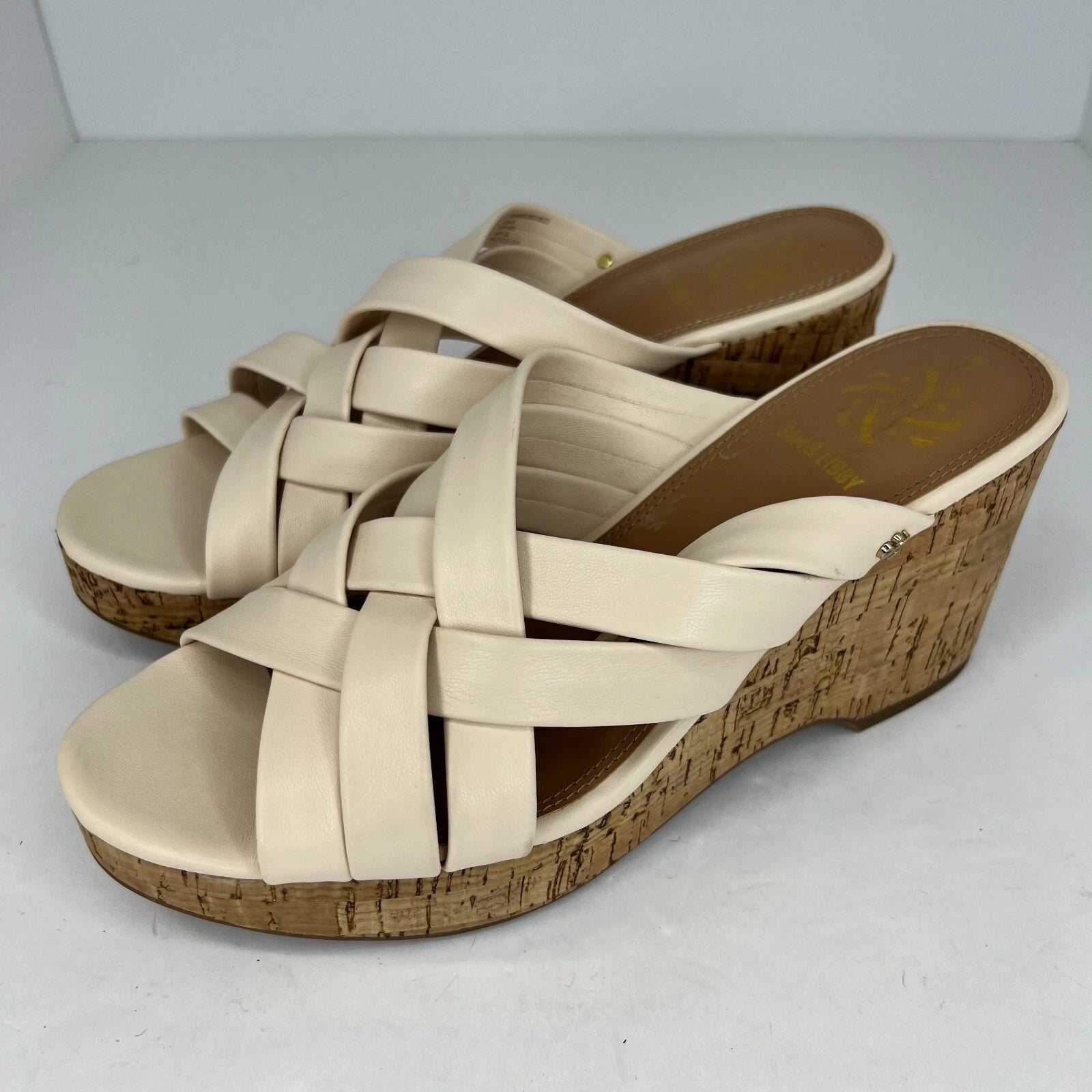 Sam & Libby Womens Cayla Ivory Faux Leather Cork Wedge Slide Size 9 Sandals