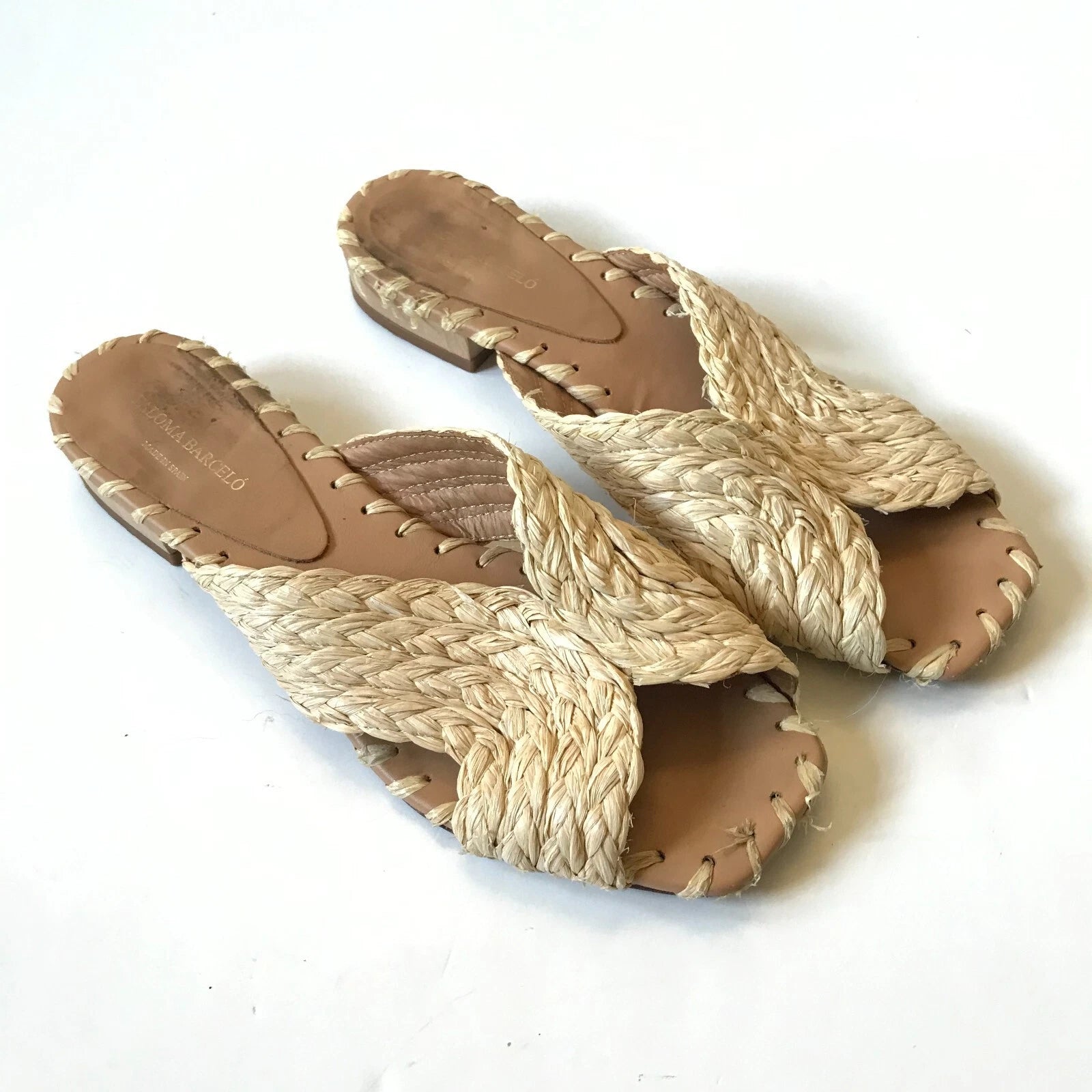 Paloma Barcelo Raffia Sandals Slide Womens 39 9 Natural Open Toe Slip On Leather