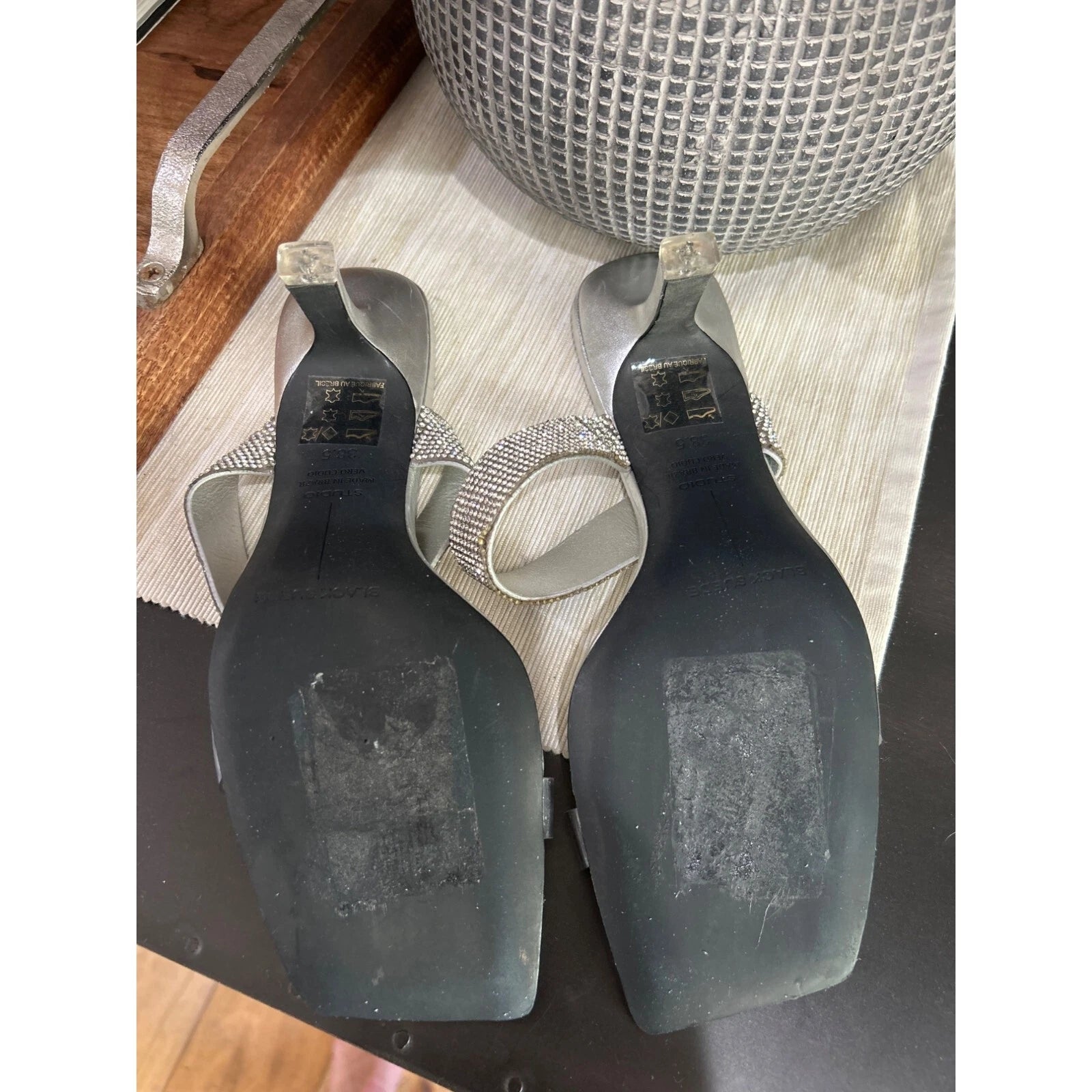 Black Suede Studio Cali SILVER Glitter Slide Sandal Womens Size 38.5