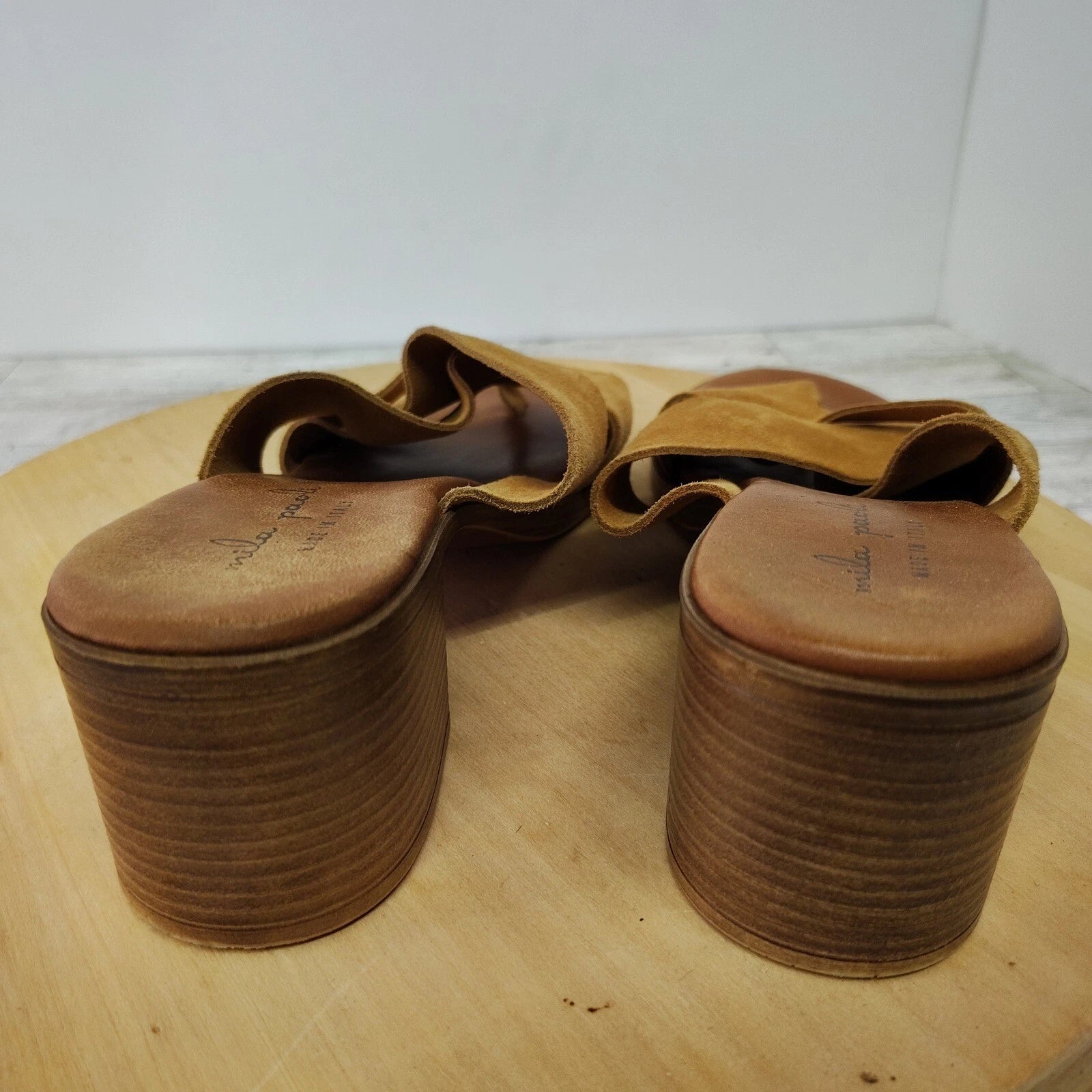 Mila Paoli Suede Mules Slides Chunky Block Heel 2.25" Sandals Italy Brown Size 8