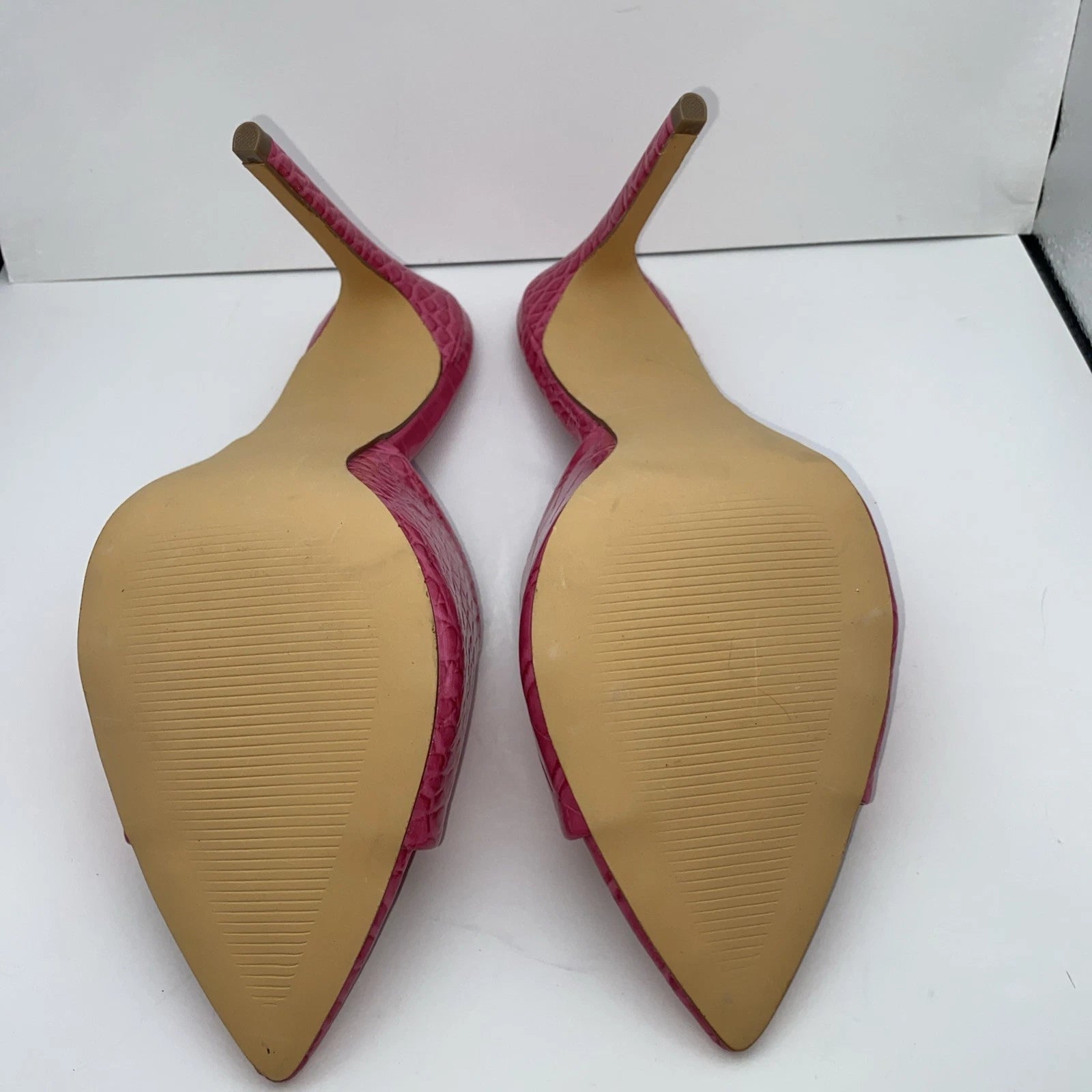 Fashion Nova Embossed Fuchsia Slip On 5" Stiletto Heel Pointed Toe Sandal 9 New