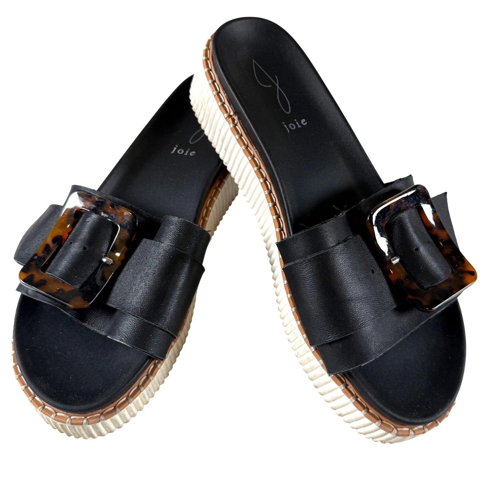 Joie Lyla Black Leather Platform Slides Sandals with Tortoise Big Buckle 9.5