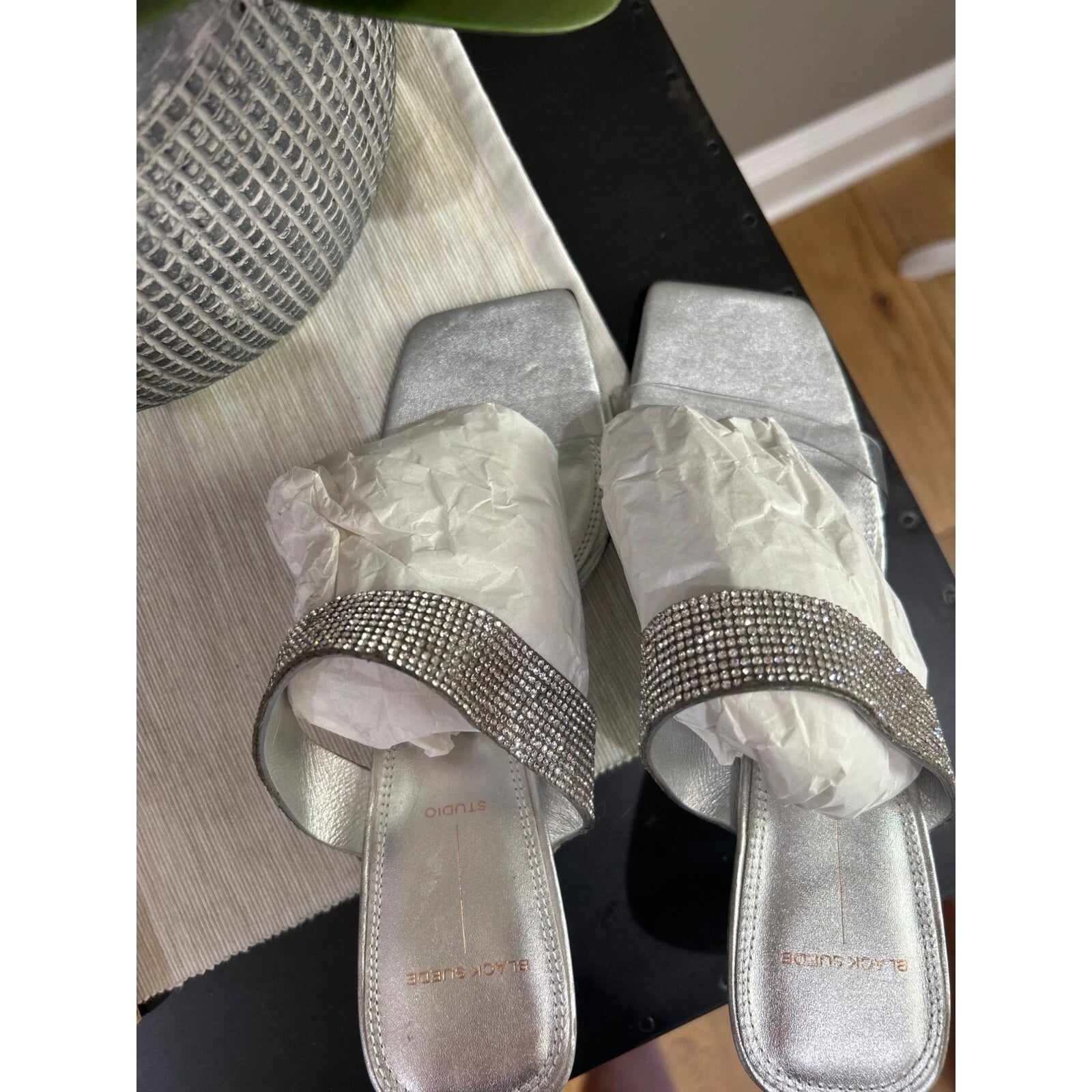 Black Suede Studio Cali SILVER Glitter Slide Sandal Womens Size 38.5