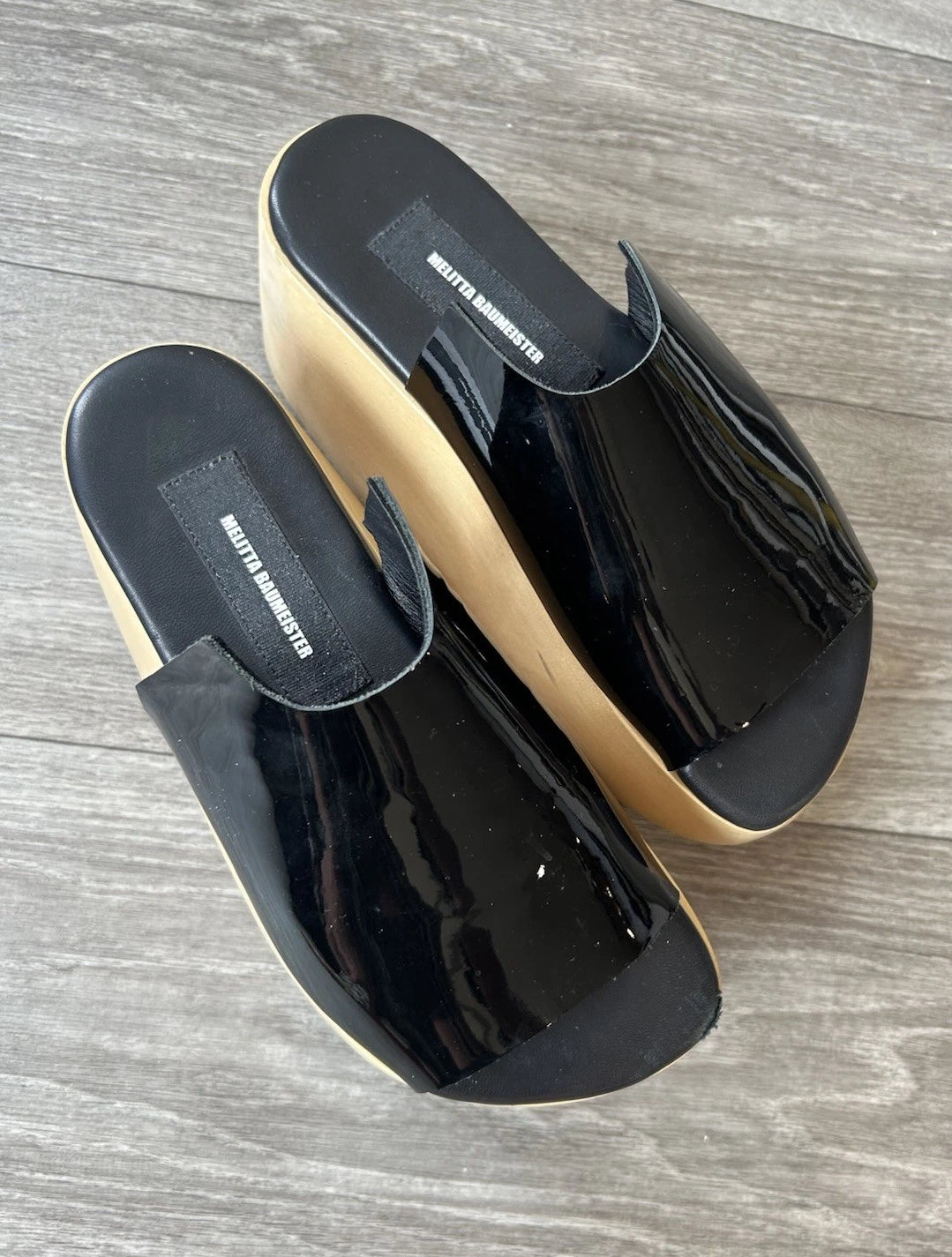 MELITTA BAUMEISTER Wood Platform Patent Leather Slide Sandals Designer Shoes 7