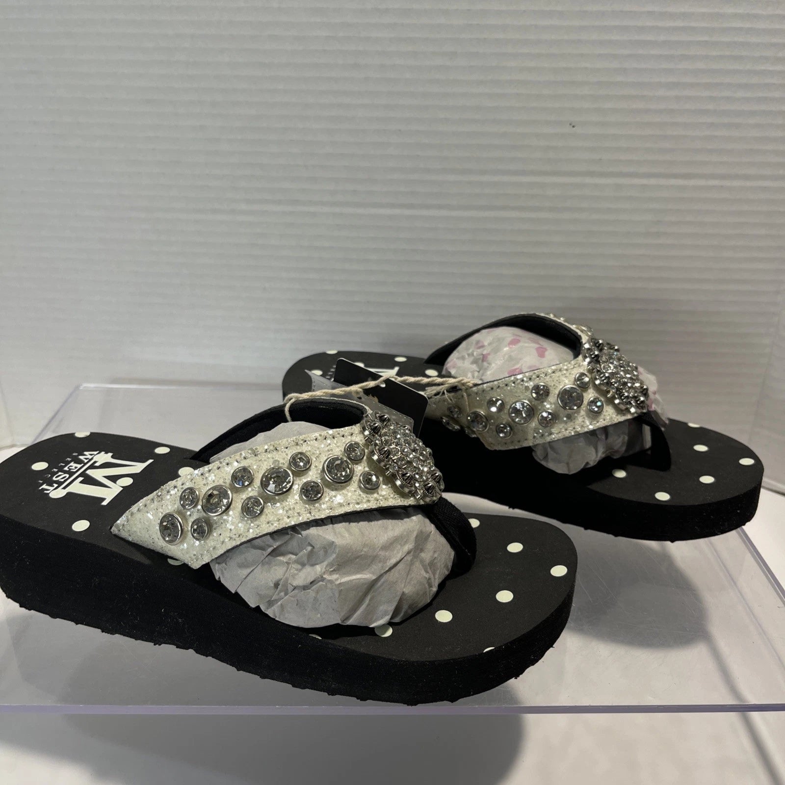 Montana West Rhinestone & Silver Stud Pearl Western Style Wedge Sandals Sz6-6.5