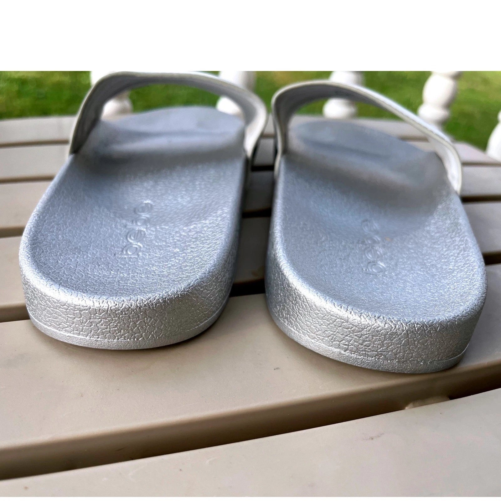 Bebe Silver Slides Sandals Women's Casual Slip On Logo Comfort Size 8 NWOT