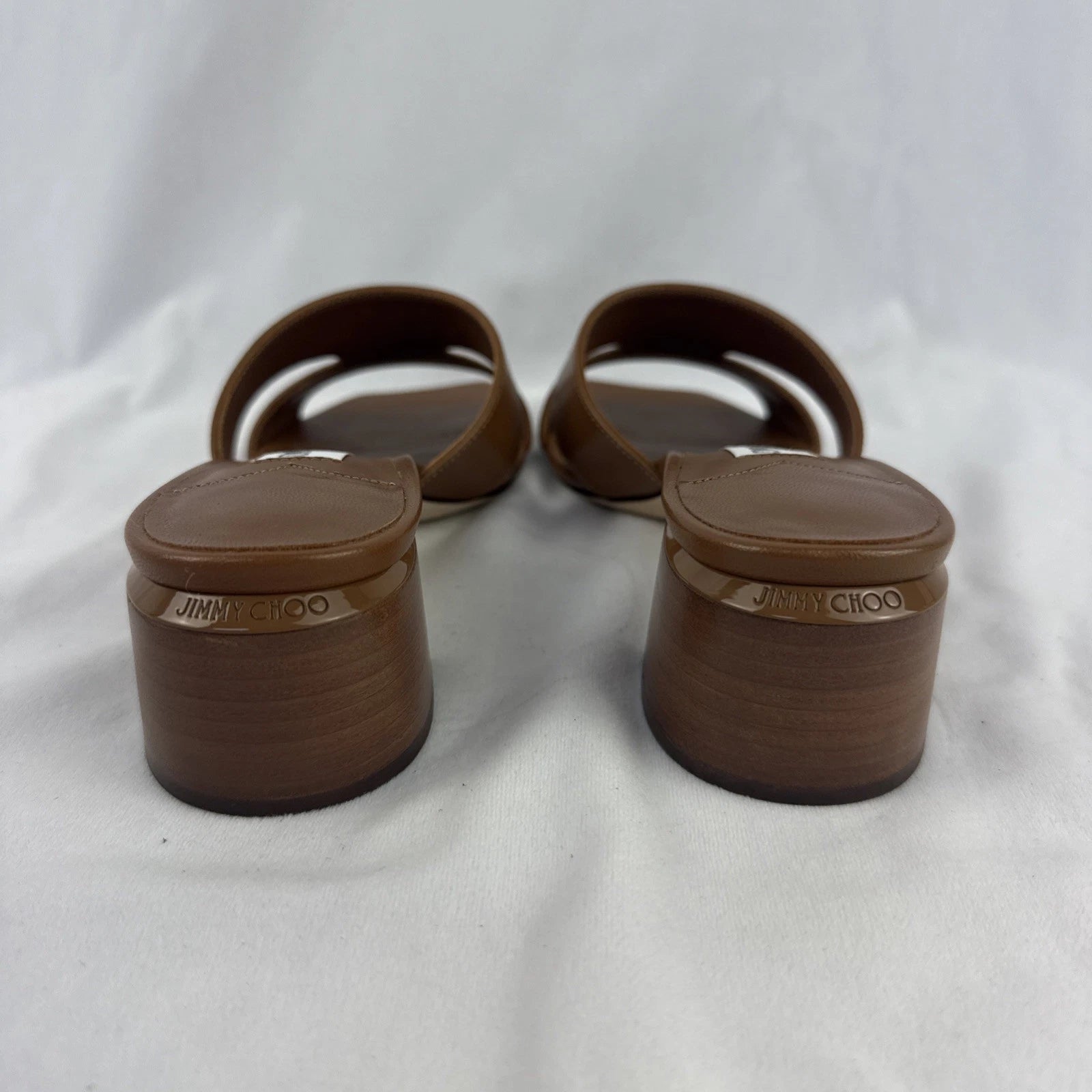 Jimmy Choo Allison Mule 45 Leather Heel Slide Camel Brown Tan Sz 36.5 6.5