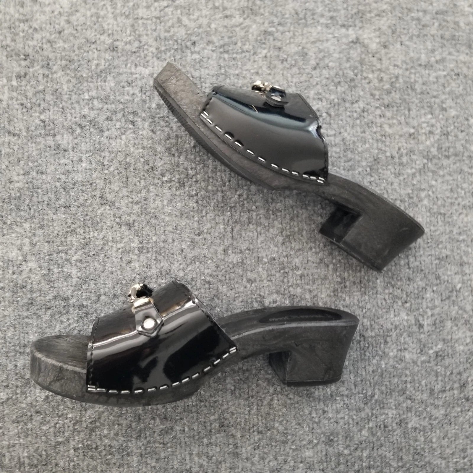 Made in Italy Women Clogs Size US 6M Black Open Toe Wooden Look w Silver Buckle*