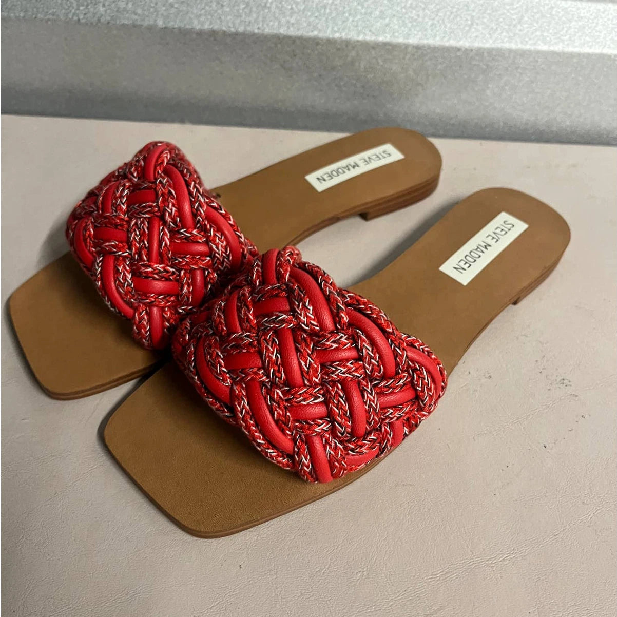 Steve Madden Women's Red Vegan Leather Braided Style Zorya Slide Sandal - Size 6