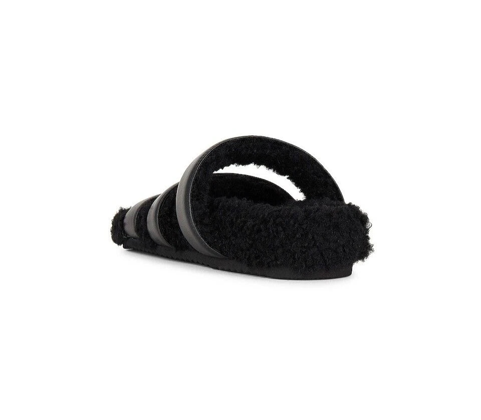 ROAM NIB $139 Black 3 Strap Faux Leather Fuzzy Slide Sandals Sz 6