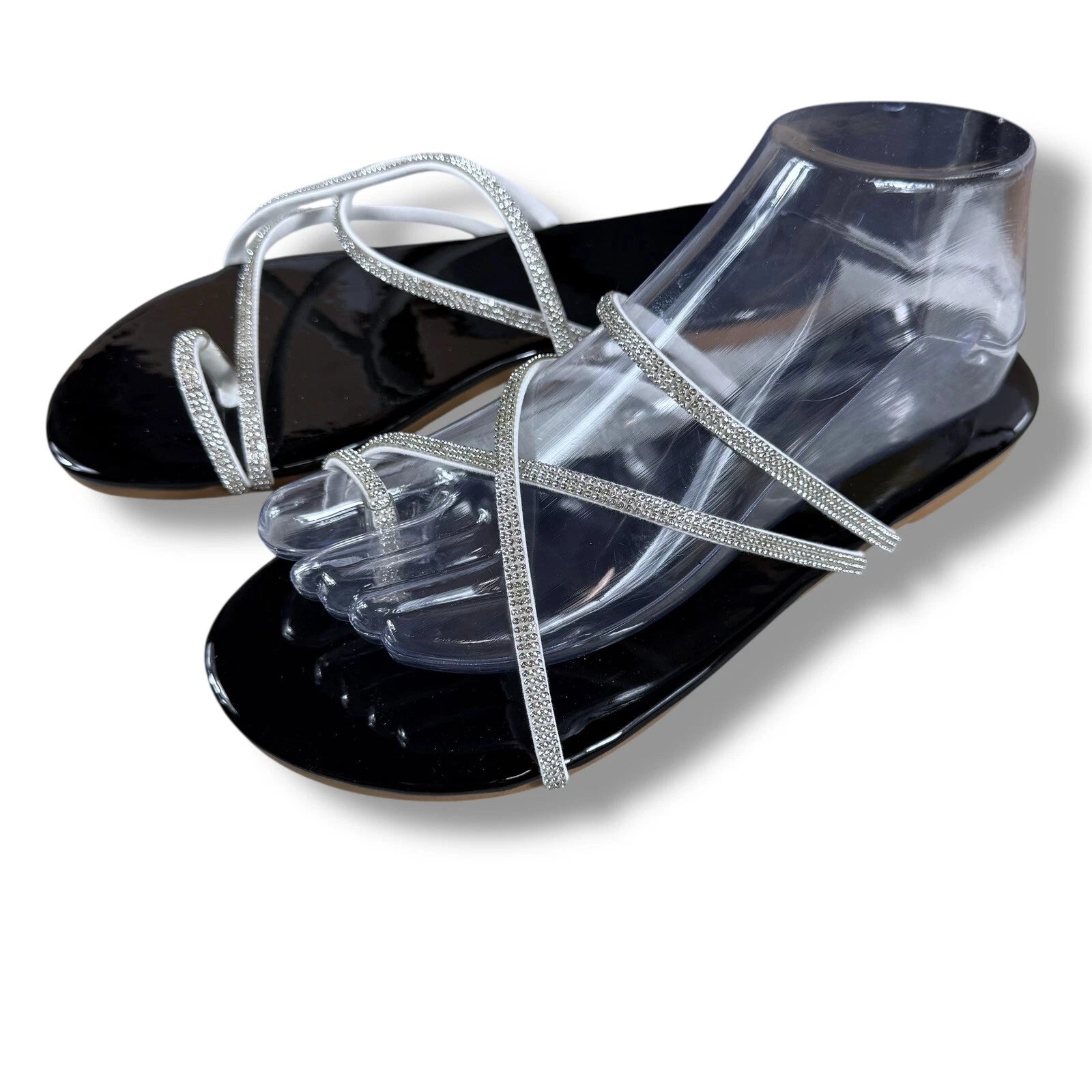 Boutique Rhinestone Sandals Women's Thong Strap Diamante Flat Sandal Slides Sz 9