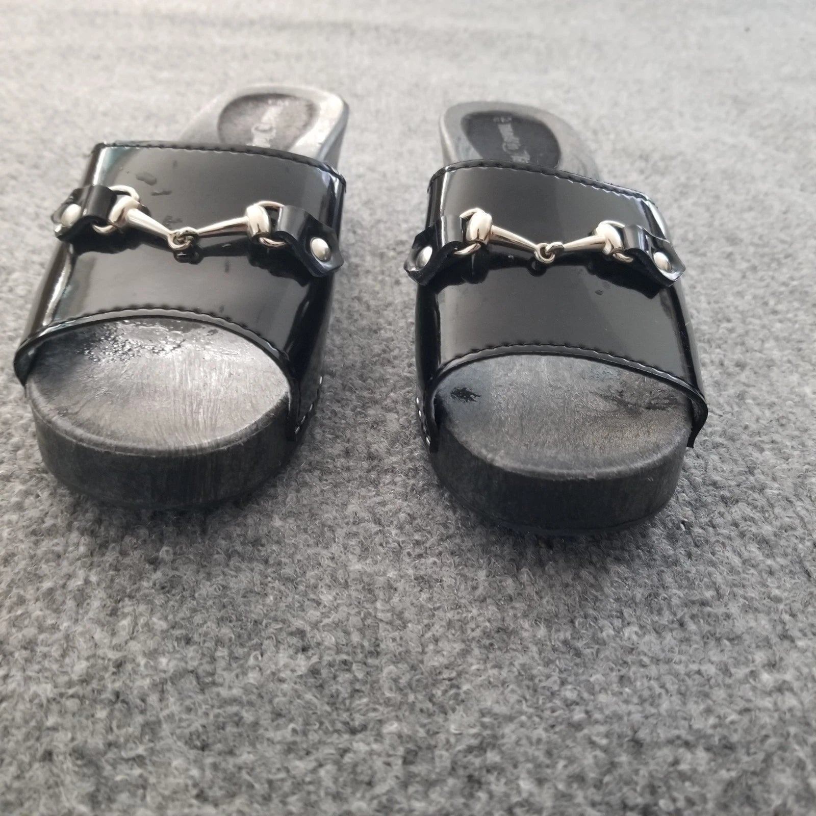 Made in Italy Women Clogs Size US 6M Black Open Toe Wooden Look w Silver Buckle*