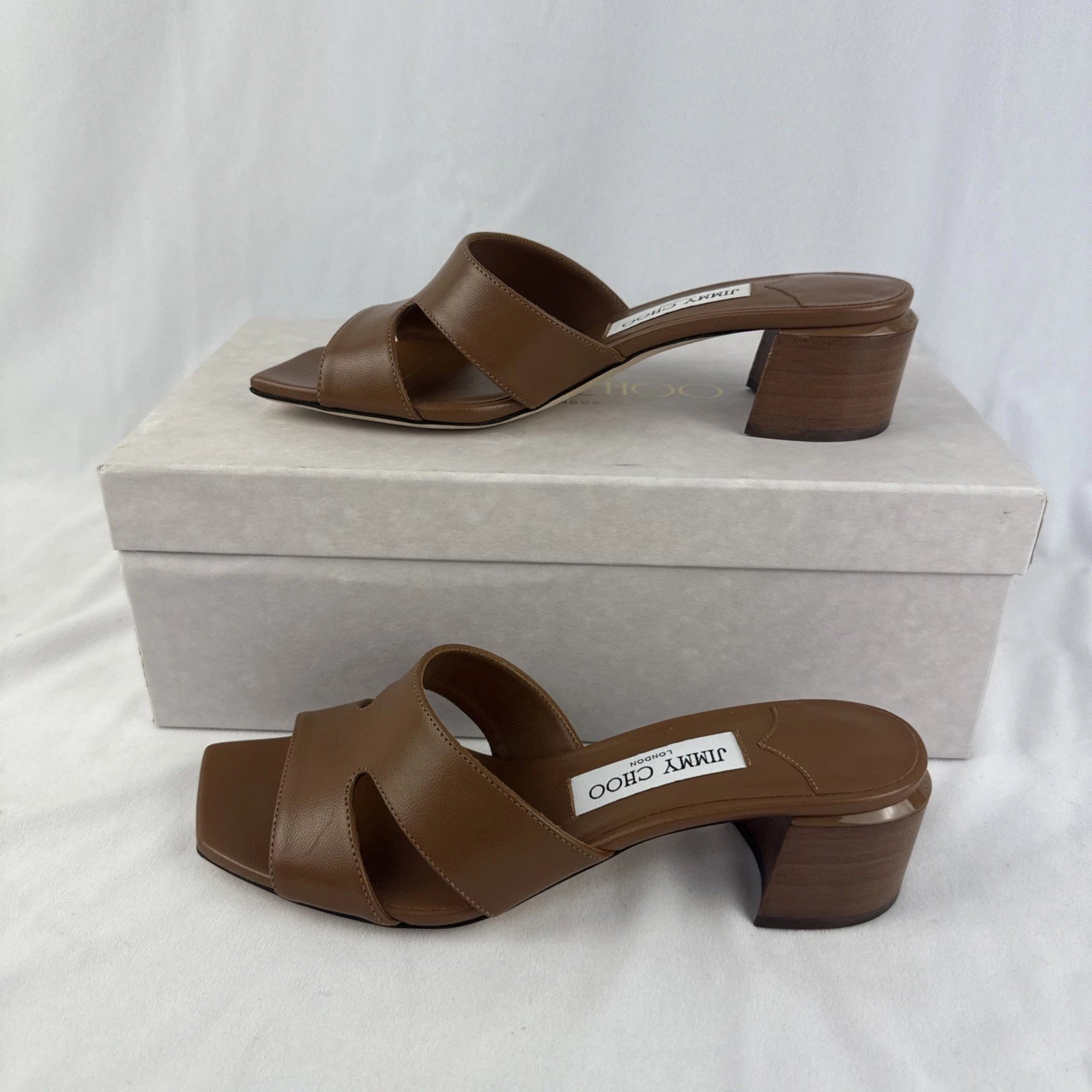 Jimmy Choo Allison Mule 45 Leather Heel Slide Camel Brown Tan Sz 36.5 6.5