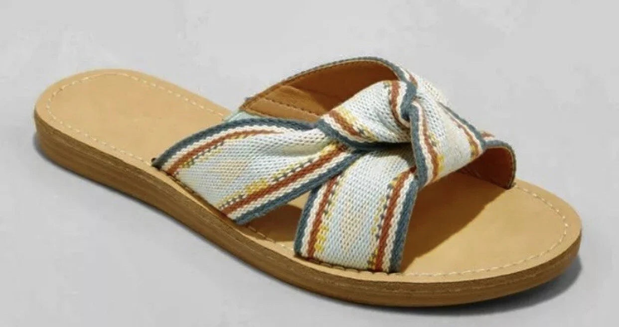 New Womens Melody Knotted Slide Glide Sandals Teal Stripe Universal Thread Sz 9