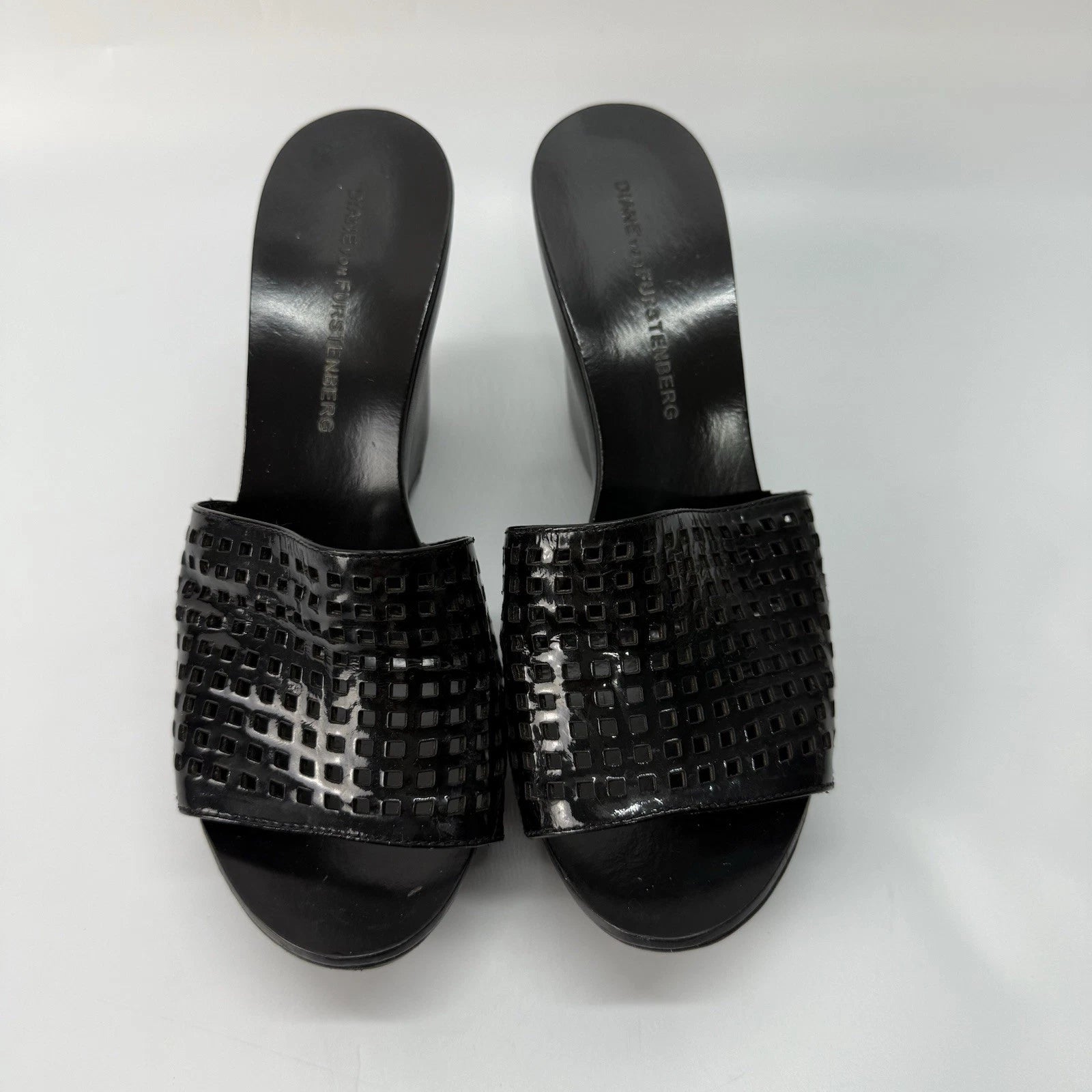 Diane von Furstenberg Perforated Wedge Sandals Size 7 Black Sample Shoes