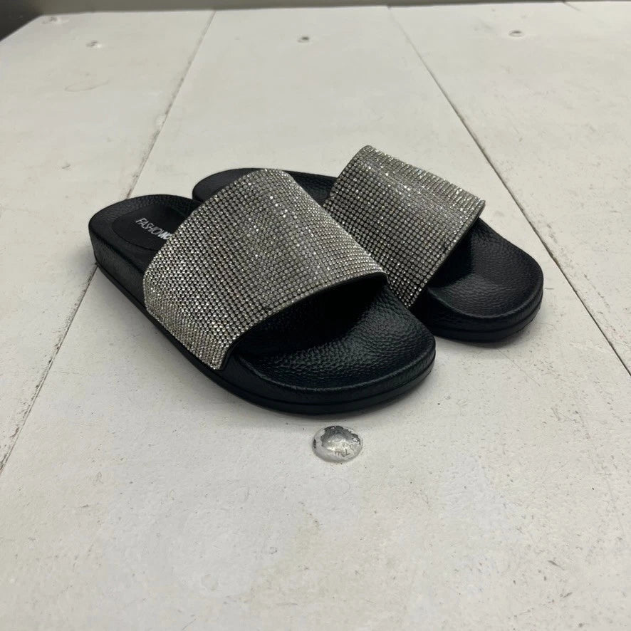 Fashion Nova Black & Silver Rhinestone Slip-On Slide Sandals Women's Size 6.5