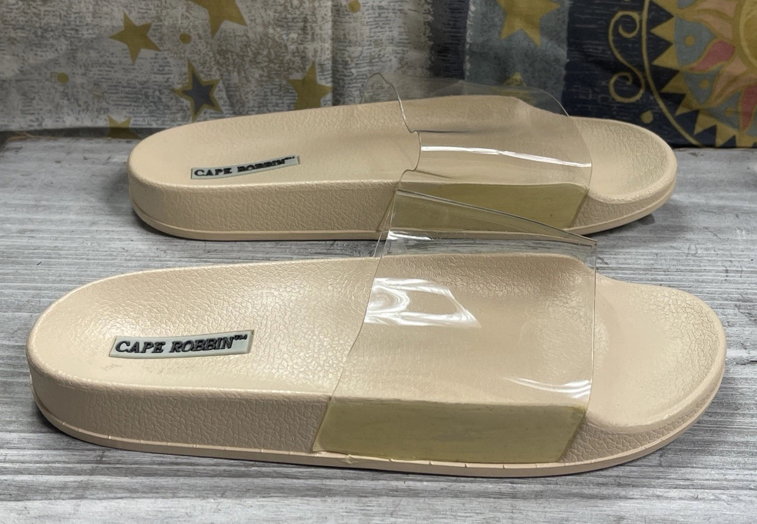 Cape Robbin Clear & Tan Strap Slides Sandals Beach Slip On Flats Mules - Size 7
