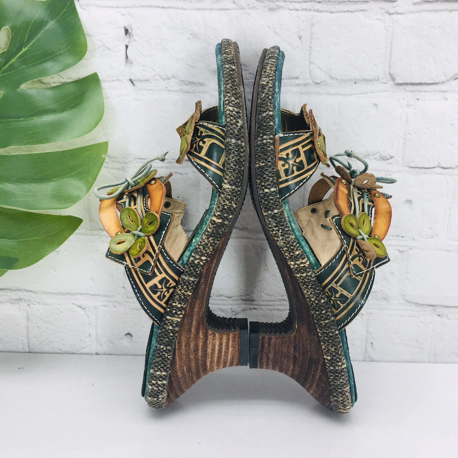 Spring Step Slide Sandal Womens 37/US 6.5 Green Leather Slip-On Low Heel Floral