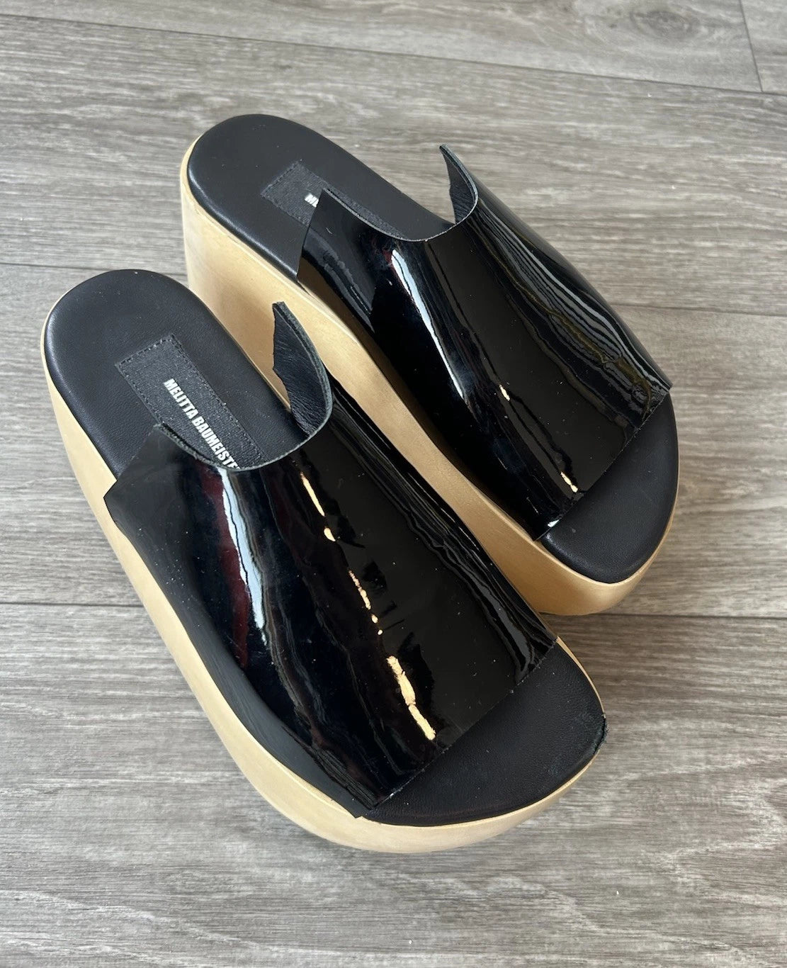 MELITTA BAUMEISTER Wood Platform Patent Leather Slide Sandals Designer Shoes 7