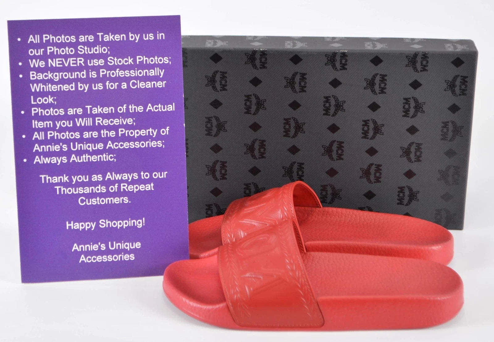 New MCM Women's Red Rubber Embossed Logo Pool Slides Sandals Shoes 36 6