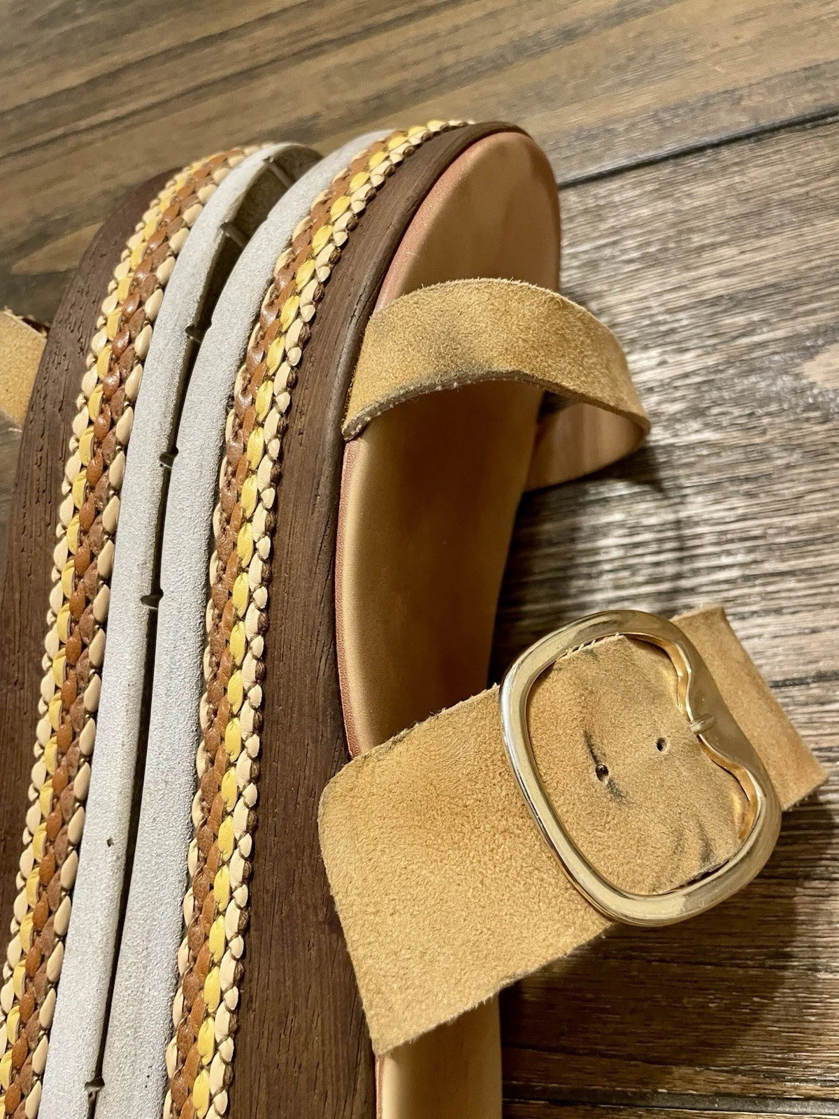 Coach and Four Treviso Tan Leather Platform Slide Sandals Gold Buckle Size 8