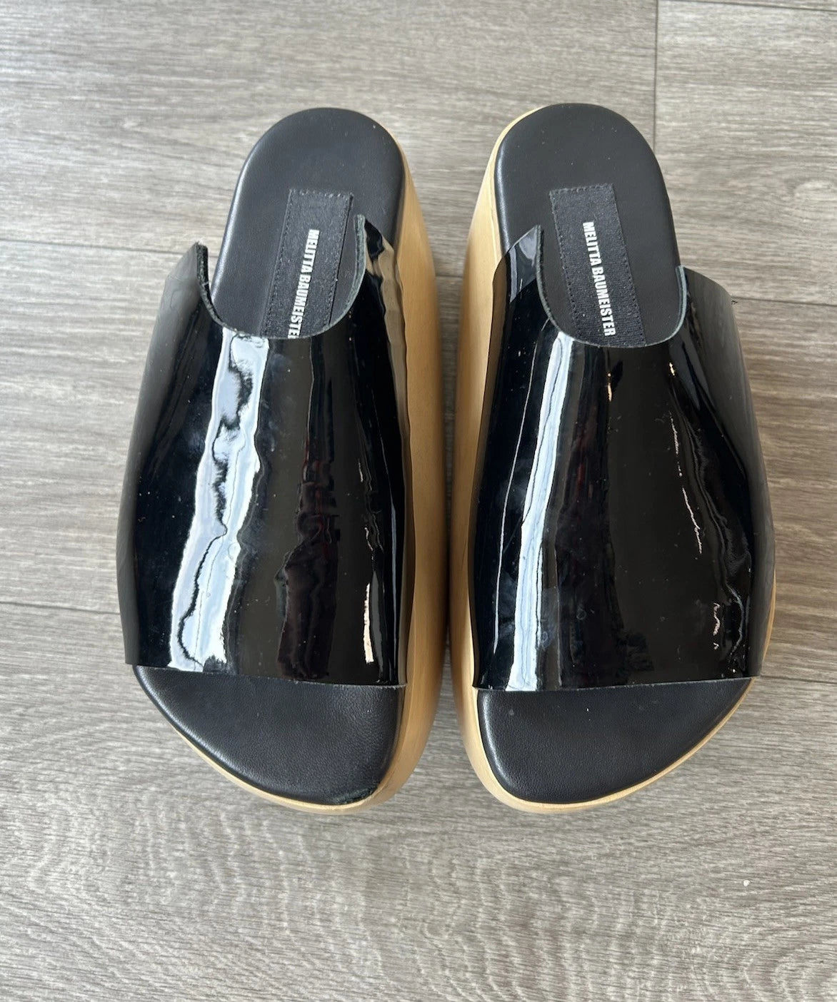 MELITTA BAUMEISTER Wood Platform Patent Leather Slide Sandals Designer Shoes 7