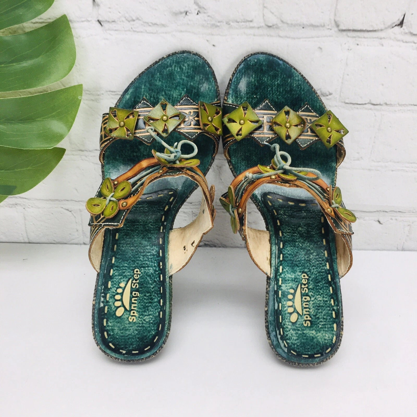 Spring Step Slide Sandal Womens 37/US 6.5 Green Leather Slip-On Low Heel Floral