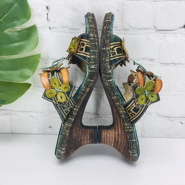 Spring Step Slide Sandal Womens 37/US 6.5 Green Leather Slip-On Low Heel Floral