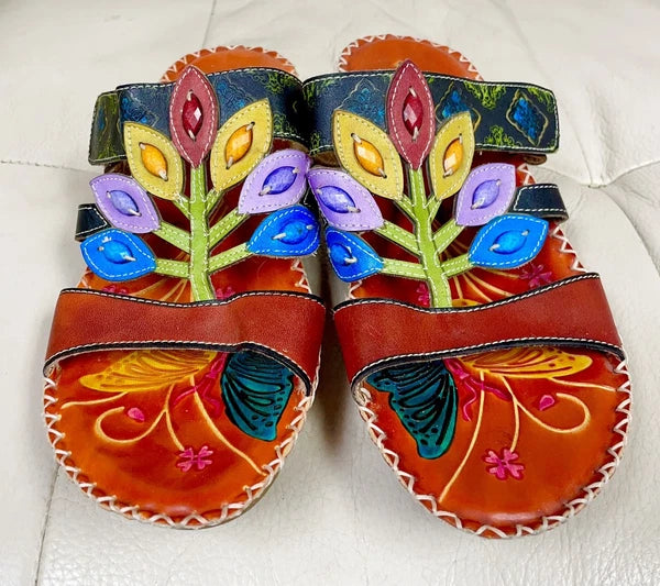 Socofy Colorful Sandals Women’s EU 42 US 10 Leather Leaf Cutout Style Slip On