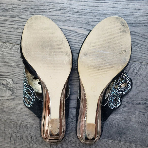 JOHN FASHION Black Rhinestone Perforated Slide Sandal Women's Size 8